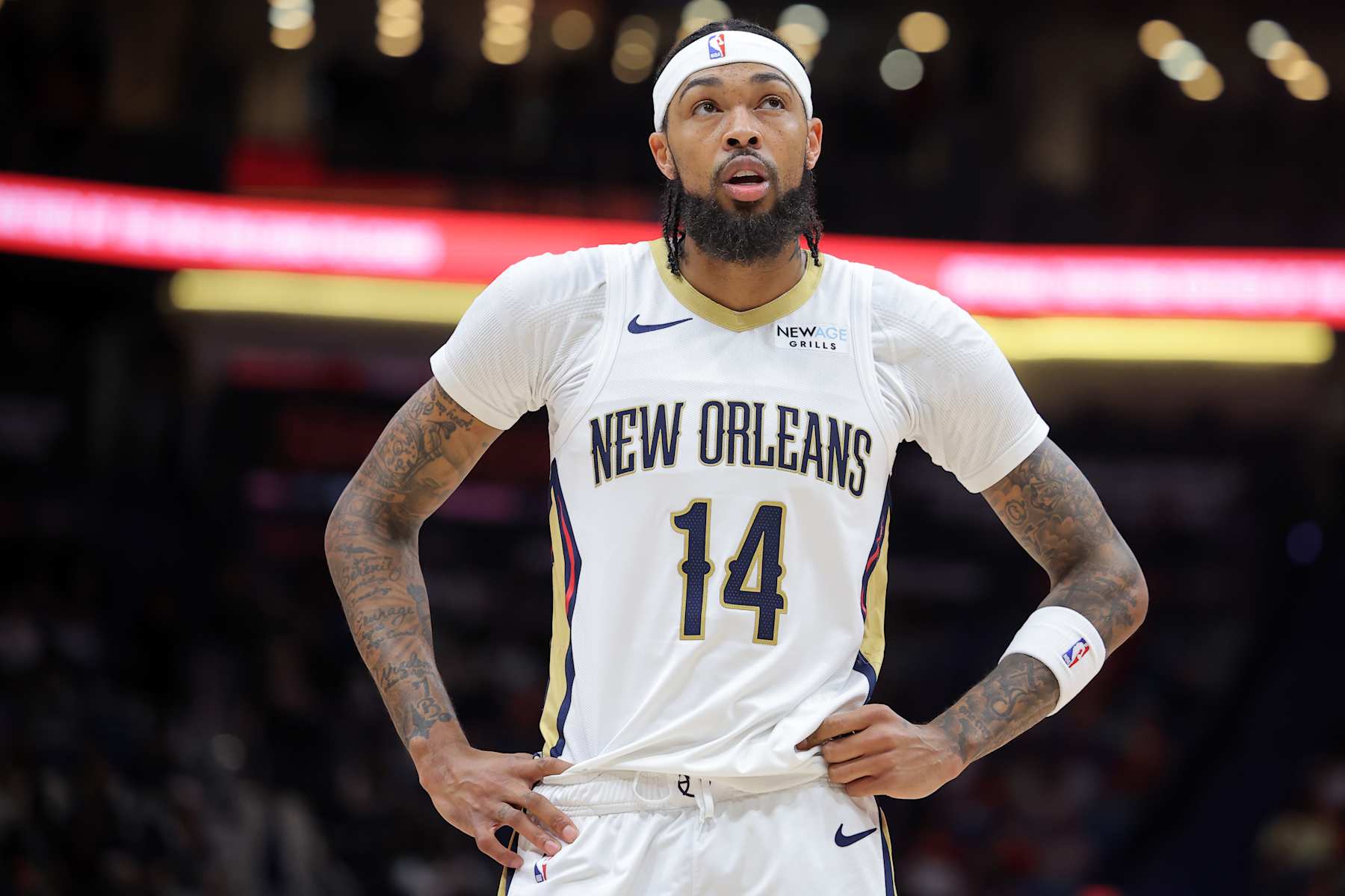NEW ORLEANS, LOUISIANA - NOVEMBER 11: Brandon Ingram #14 of the New Orleans Pelicans reacts against the Brooklyn Nets during a game at the Smoothie King Center on November 11, 2024 in New Orleans, Louisiana. NOTE TO USER: User expressly acknowledges and agrees that, by downloading and or using this Photograph, user is consenting to the terms and conditions of the Getty Images License Agreement. (Photo by Jonathan Bachman/Getty Images)