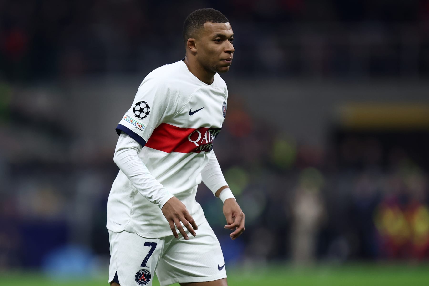 MILAN, ITALY - NOVEMBER 7: Kylian Mbappe of Paris Saint-Germain looks on during the UEFA Champions League match between AC Milan and Paris Saint-Germain at Stadio Giuseppe Meazza on November 7, 2023 in Milan, Italy. (Photo by sportinfoto/DeFodi Images via Getty Images)