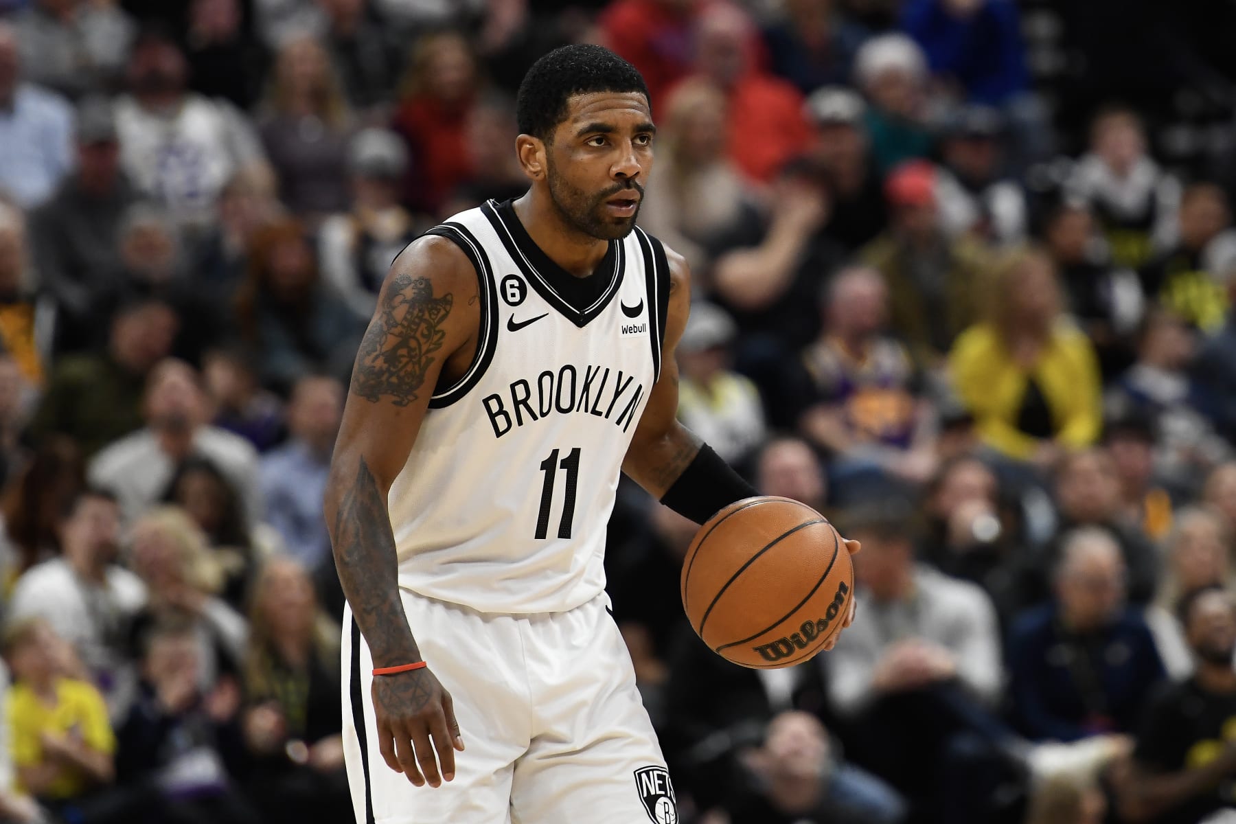SALT LAKE CITY, UTAH - JANUARY 20: Kyrie Irving #11 of the Brooklyn Nets in action during the first half of a game against the Utah Jazz at Vivint Arena on January 20, 2023 in Salt Lake City, Utah. NOTE TO USER: User expressly acknowledges and agrees that, by downloading and or using this photograph, User is consenting to the terms and conditions of the Getty Images License Agreement. (Photo by Alex Goodlett/Getty Images)