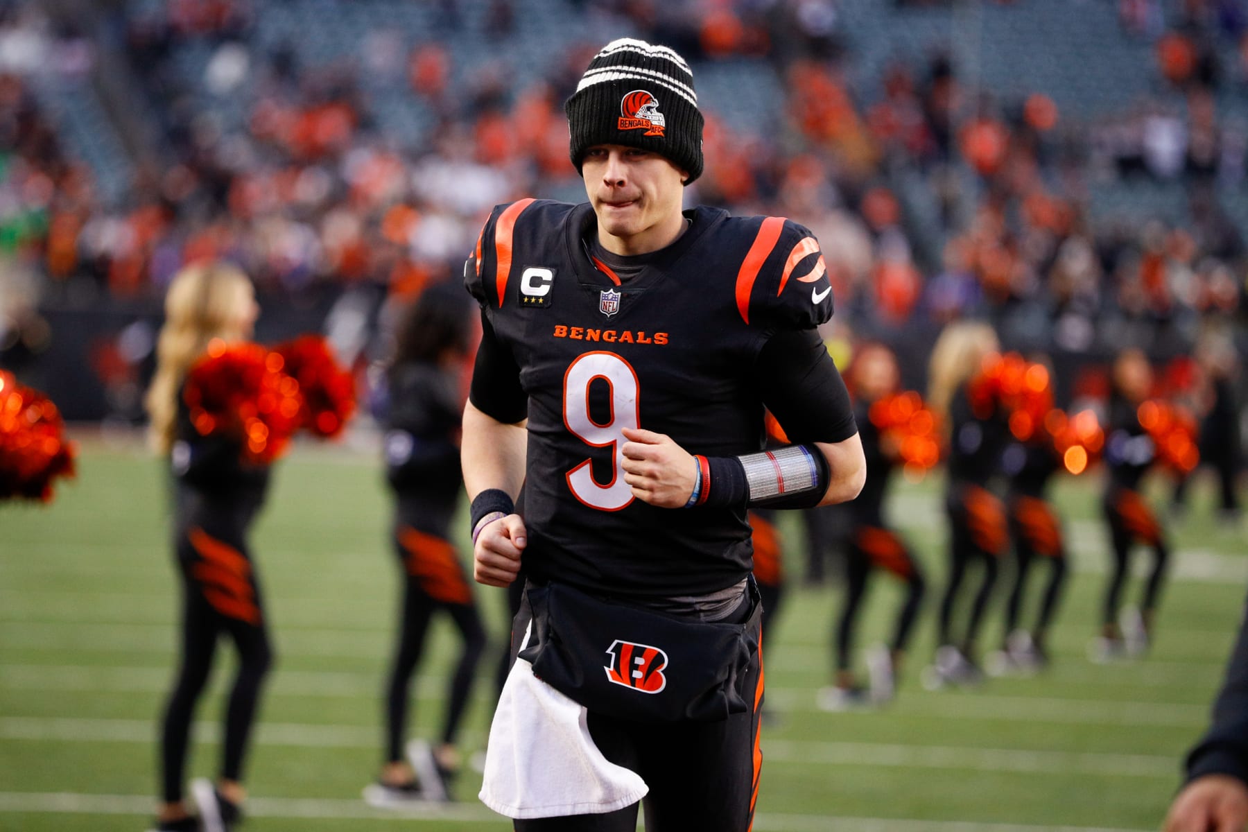 CINCINNATI, OH - JANUARY 08: Cincinnati Bengals quarterback Joe Burrow (9) runs off the field after the game against the Baltimore Ravens and the Cincinnati Bengals on January 8, 2023, at Paycor Stadium in Cincinnati, OH. (Photo by Ian Johnson/Icon Sportswire via Getty Images)