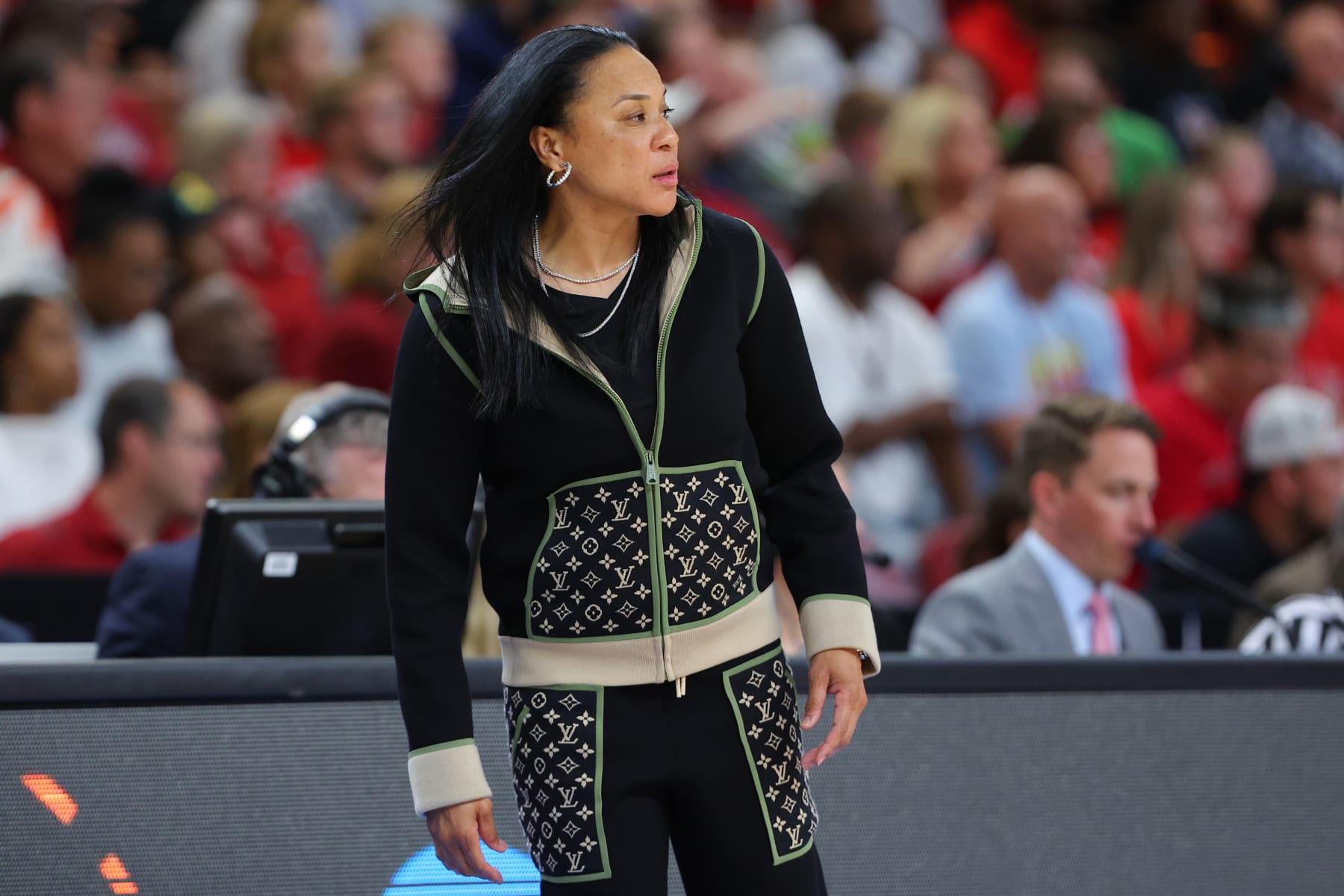 GREENVILLE, SOUTH CAROLINA - MARCH 27: Head coach Dawn Staley of the South Carolina Gamecocks reacts during the first quarter against the Maryland Terrapins in the Elite Eight round of the NCAA Women's Basketball Tournament at Bon Secours Wellness Arena on March 27, 2023 in Greenville, South Carolina. (Photo by Kevin C. Cox/Getty Images)