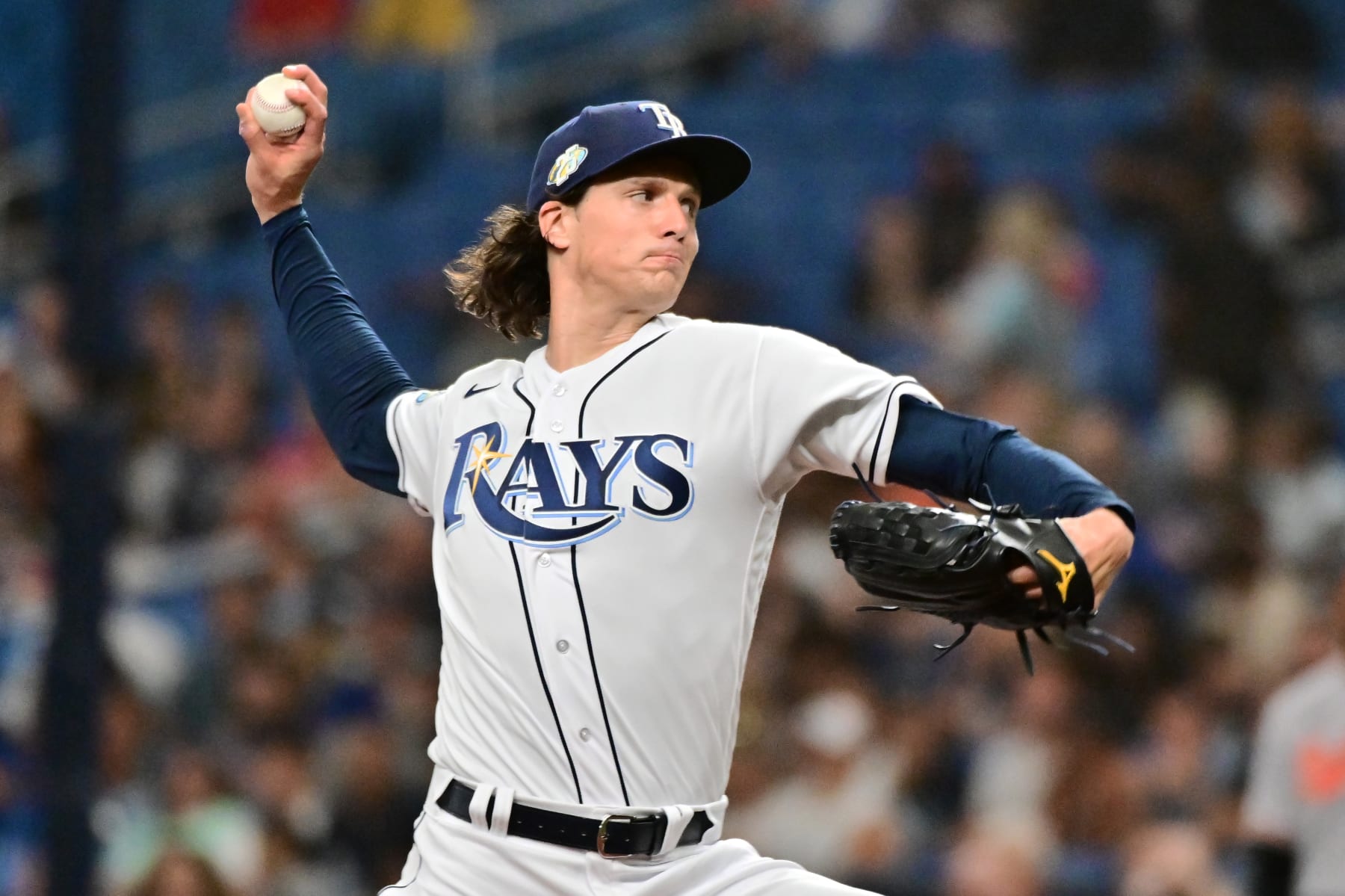 ST PETERSBURG, FLORIDA - JULY 20: Tyler Glasnow #20 of the Tampa Bay Rays delivers a pitch to the Baltimore Orioles in the first inning at Tropicana Field on July 20, 2023 in St Petersburg, Florida. (Photo by Julio Aguilar/Getty Images)