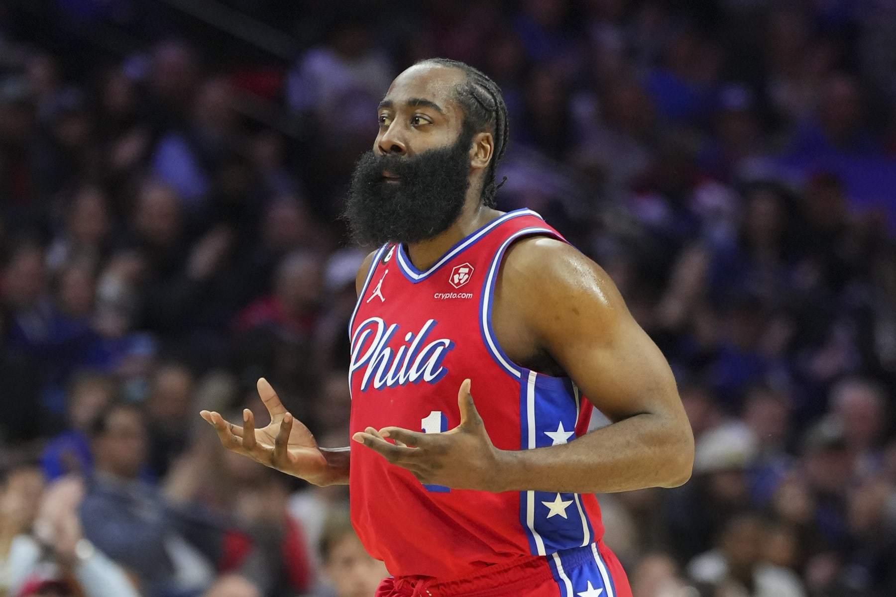 PHILADELPHIA, PA - MARCH 31: James Harden #1 of the Philadelphia 76ers reacts against the Toronto Raptors in the second quarter at the Wells Fargo Center on March 31, 2023 in Philadelphia, Pennsylvania. NOTE TO USER: User expressly acknowledges and agrees that, by downloading and or using this photograph, User is consenting to the terms and conditions of the Getty Images License Agreement. (Photo by Mitchell Leff/Getty Images)