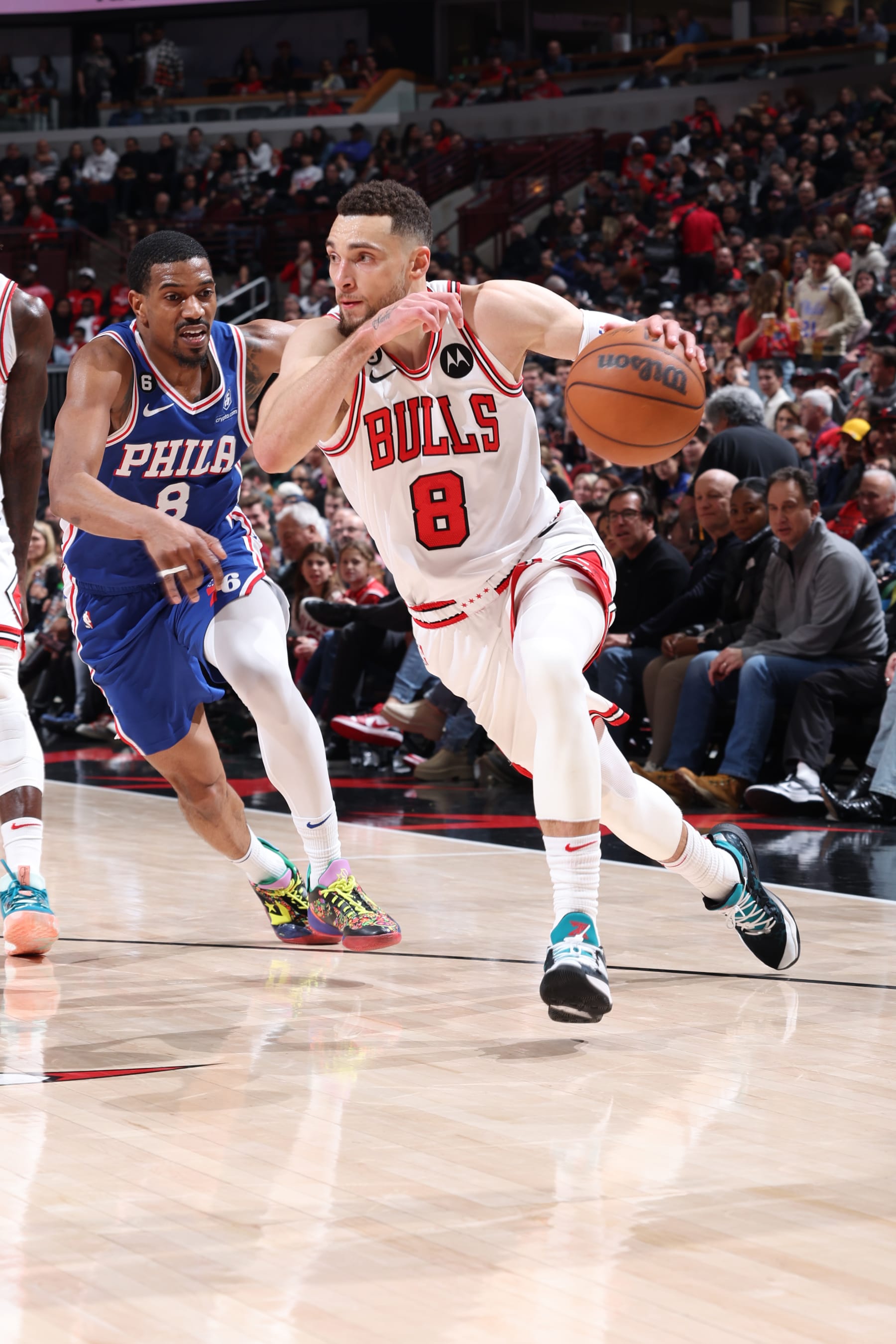 CHICAGO, IL - MARCH 21: Zach LaVine #8 of the Chicago Bulls goes to the basket during the game on March 21, 2023 at United Center in Chicago, Illinois. NOTE TO USER: User expressly acknowledges and agrees that, by downloading and or using this photograph, User is consenting to the terms and conditions of the Getty Images License Agreement. Mandatory Copyright Notice: Copyright 2023 NBAE (Photo by Jeff Haynes/NBAE via Getty Images) CHICAGO, IL - MARCH 21: Zach LaVine #8 of the Chicago Bulls goes to the basket during the game on March 21, 2023 at United Center in Chicago, Illinois. NOTE TO USER: User expressly acknowledges and agrees that, by downloading and or using this photograph, User is consenting to the terms and conditions of the Getty Images License Agreement. Mandatory Copyright Notice: Copyright 2023 NBAE (Photo by Jeff Haynes/NBAE via Getty Images)