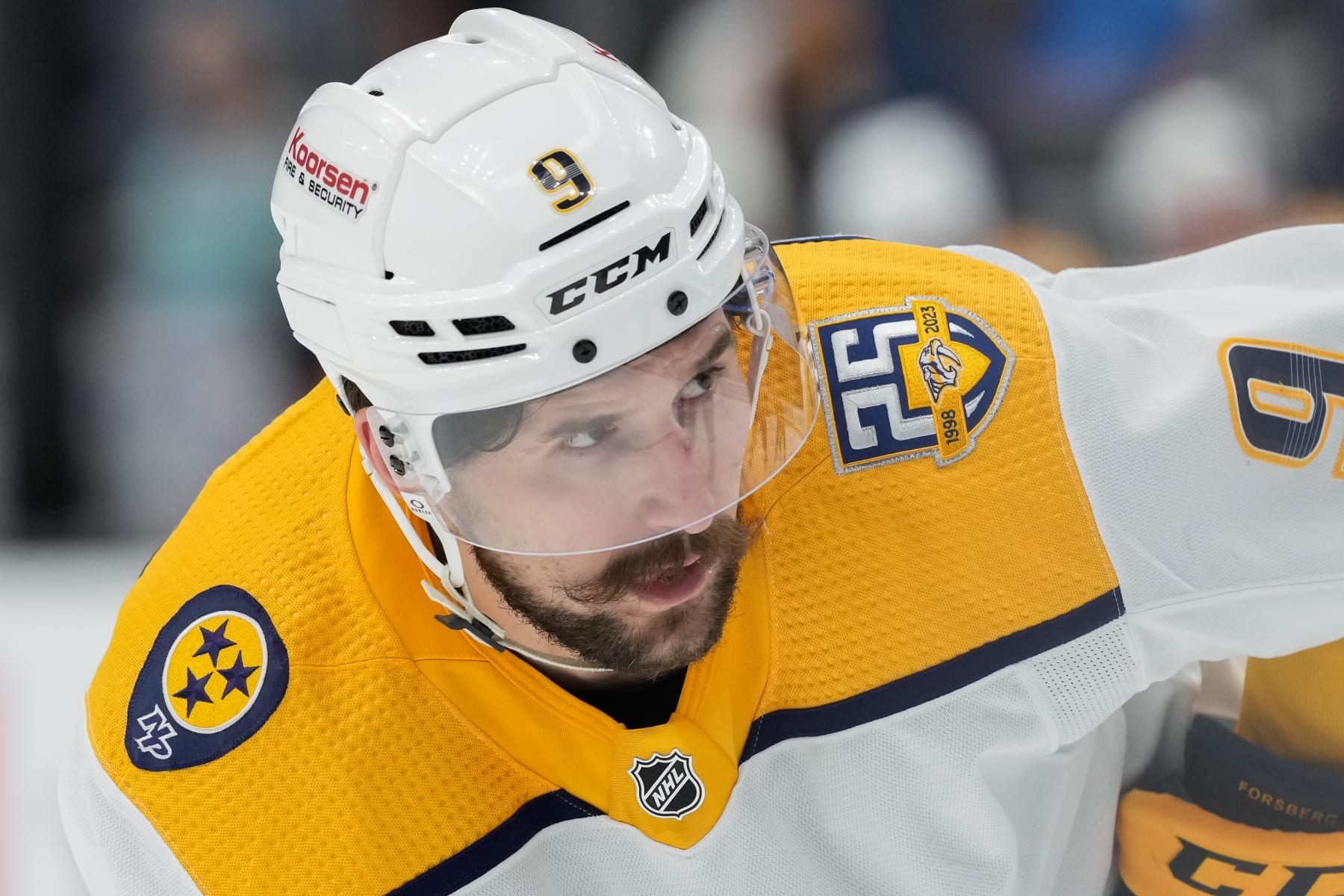 SEATTLE, WASHINGTON - MARCH 16: Filip Forsberg #9 of the Nashville Predators looks on during the second period of a game against the Seattle Kraken at Climate Pledge Arena on March 16, 2024 in Seattle, Washington. (Photo by Christopher Mast/NHLI via Getty Images)