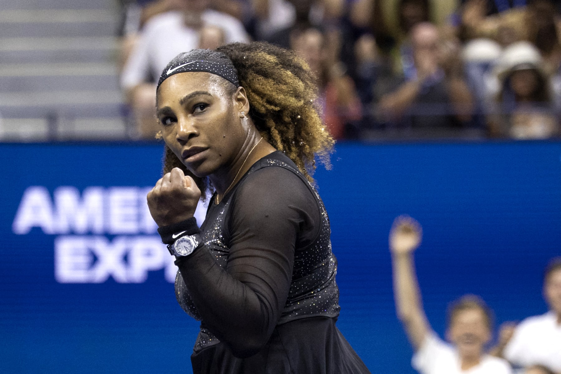 US player Serena Williams reacts after winning a point against Montenegro's Danka Kovinic during their 2022 US Open Tennis tournament women's singles first round match at the USTA Billie Jean King National Tennis Center in New York, on August 29, 2022. - Serena Williams was set to take center stage as the US Open got under way on August 29, 2022 with the 23-time Grand Slam winner preparing to bid an emotional farewell to tennis. (Photo by COREY SIPKIN / AFP) (Photo by COREY SIPKIN/AFP via Getty Images)