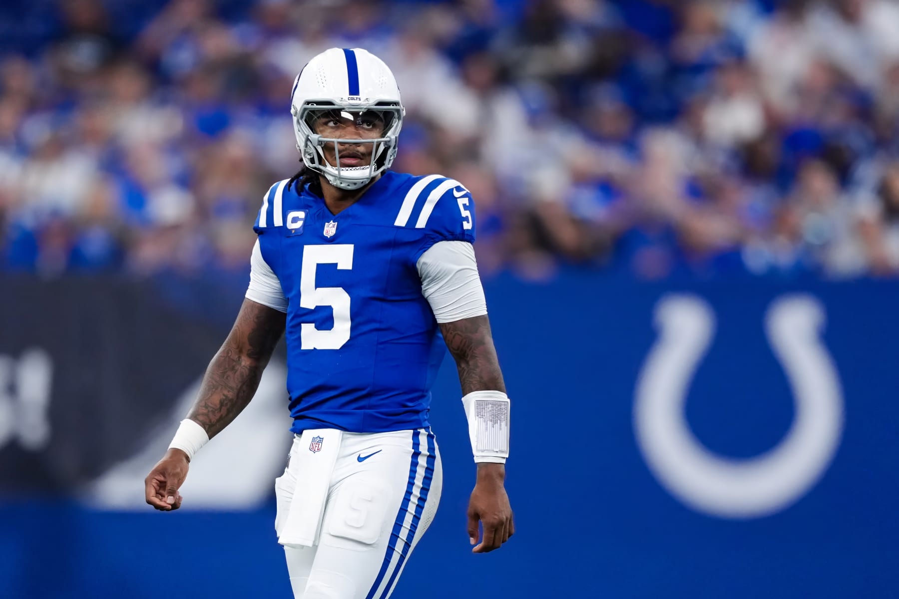 INDIANAPOLIS, INDIANA - OCTOBER 01: Anthony Richardson #5 of the Indianapolis Colts walks across the field in the third quarter against the Los Angeles Rams at Lucas Oil Stadium on October 01, 2023 in Indianapolis, Indiana. (Photo by Dylan Buell/Getty Images)