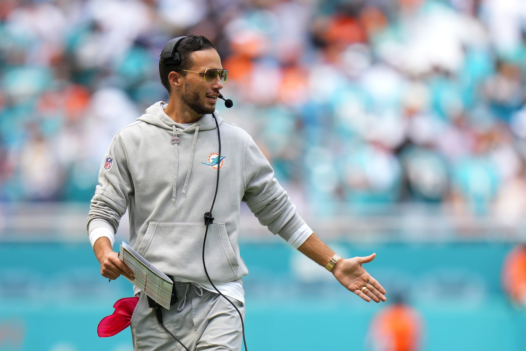 MIAMI GARDENS, FLORIDA - OCTOBER 08: Head coach Mike McDaniel of the Miami Dolphins reacts after a touchdown against the New York Giants during the first quarter at Hard Rock Stadium on October 08, 2023 in Miami Gardens, Florida. (Photo by Rich Storry/Getty Images)