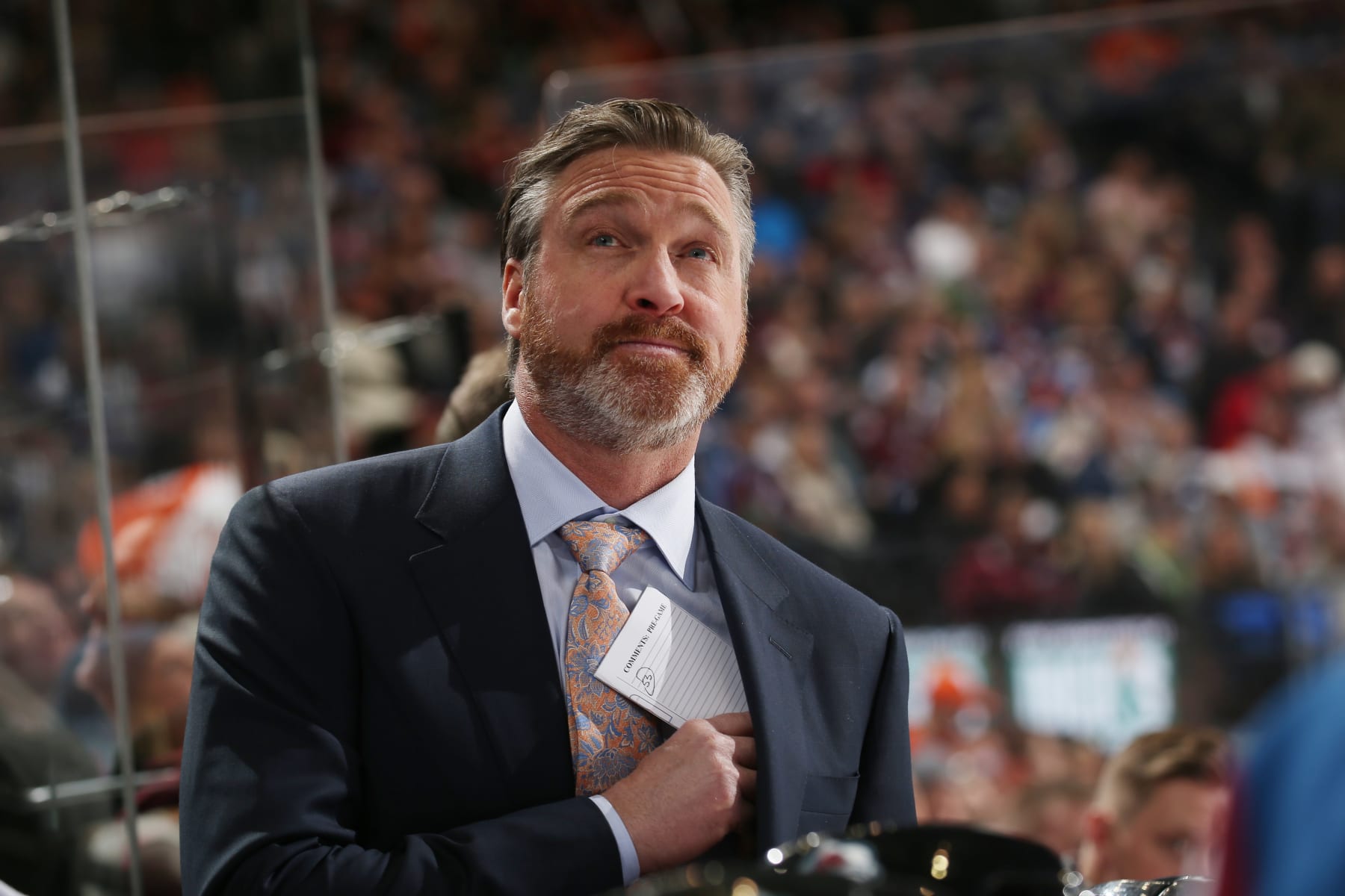 DENVER, CO - MARCH 24: Head coach Patrick Roy of the Colorado Avalanche looks up at the scoreboard during the game against the Philadelphia Flyers at the Pepsi Center on March 24, 2016 in Denver, Colorado. (Photo by Michael Martin/NHLI via Getty Images)