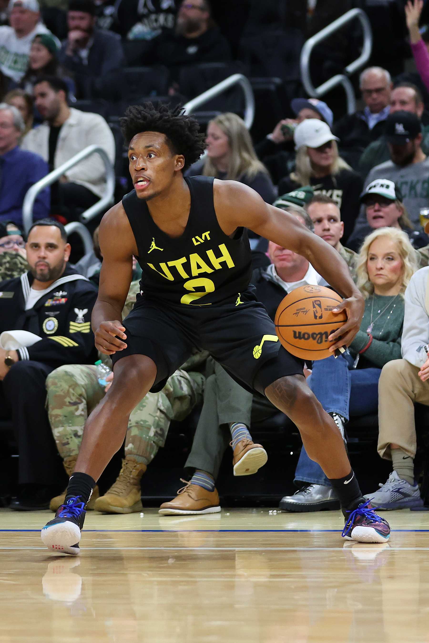 MILWAUKEE, WISCONSIN - NOVEMBER 07: Collin Sexton #2 of the Utah Jazz handles the ball during a game against the Milwaukee Bucks at Fiserv Forum on November 07, 2024 in Milwaukee, Wisconsin.  NOTE TO USER: User expressly acknowledges and agrees that, by downloading and or using this photograph, User is consenting to the terms and conditions of the Getty Images License Agreement. (Photo by Stacy Revere/Getty Images)