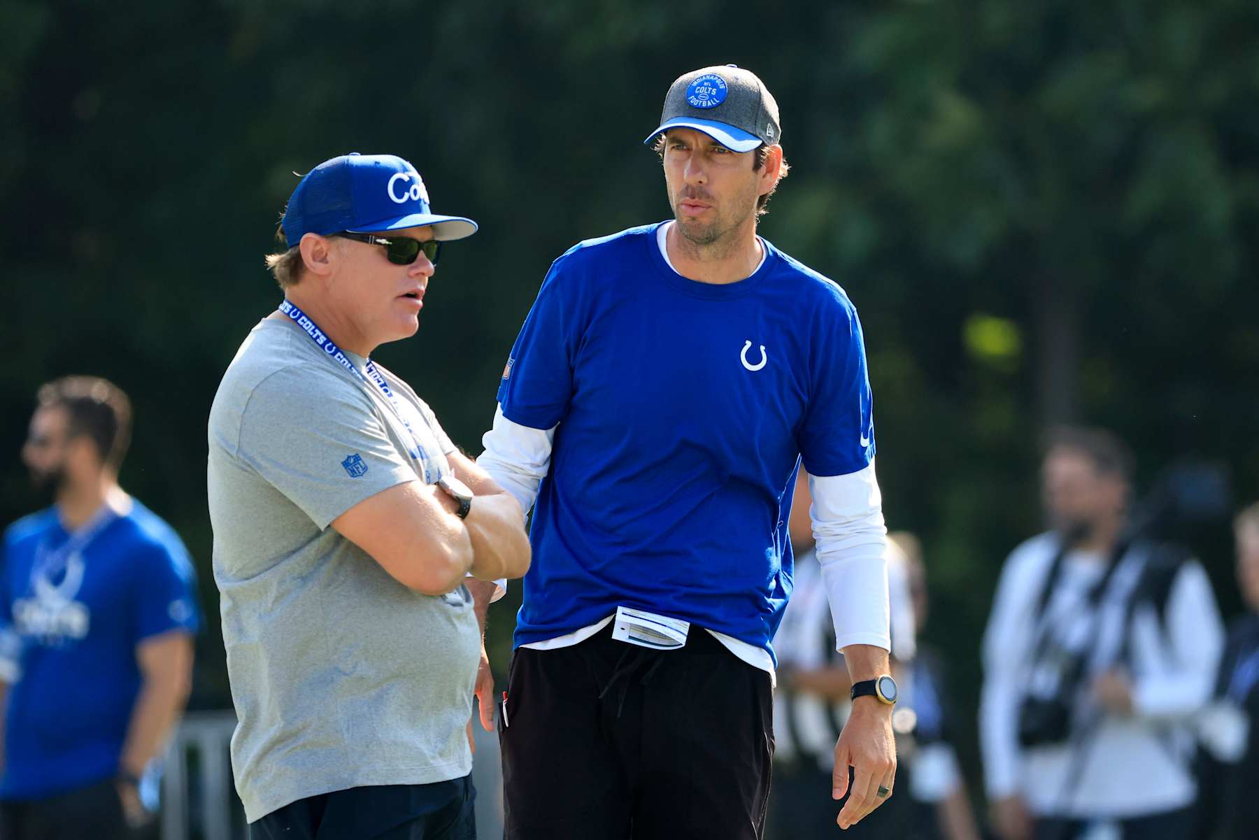 WESTFIELD, INDIANA - JULY 26: Head coach Shane Steichen of the Indianapolis Colts speaks with General Manager Chris Ballard on the first day of the Indianapolis Colts Training Camp at Grand Park Sports Campus on July 26, 2023 in Westfield, Indiana. (Photo by Justin Casterline/Getty Images)