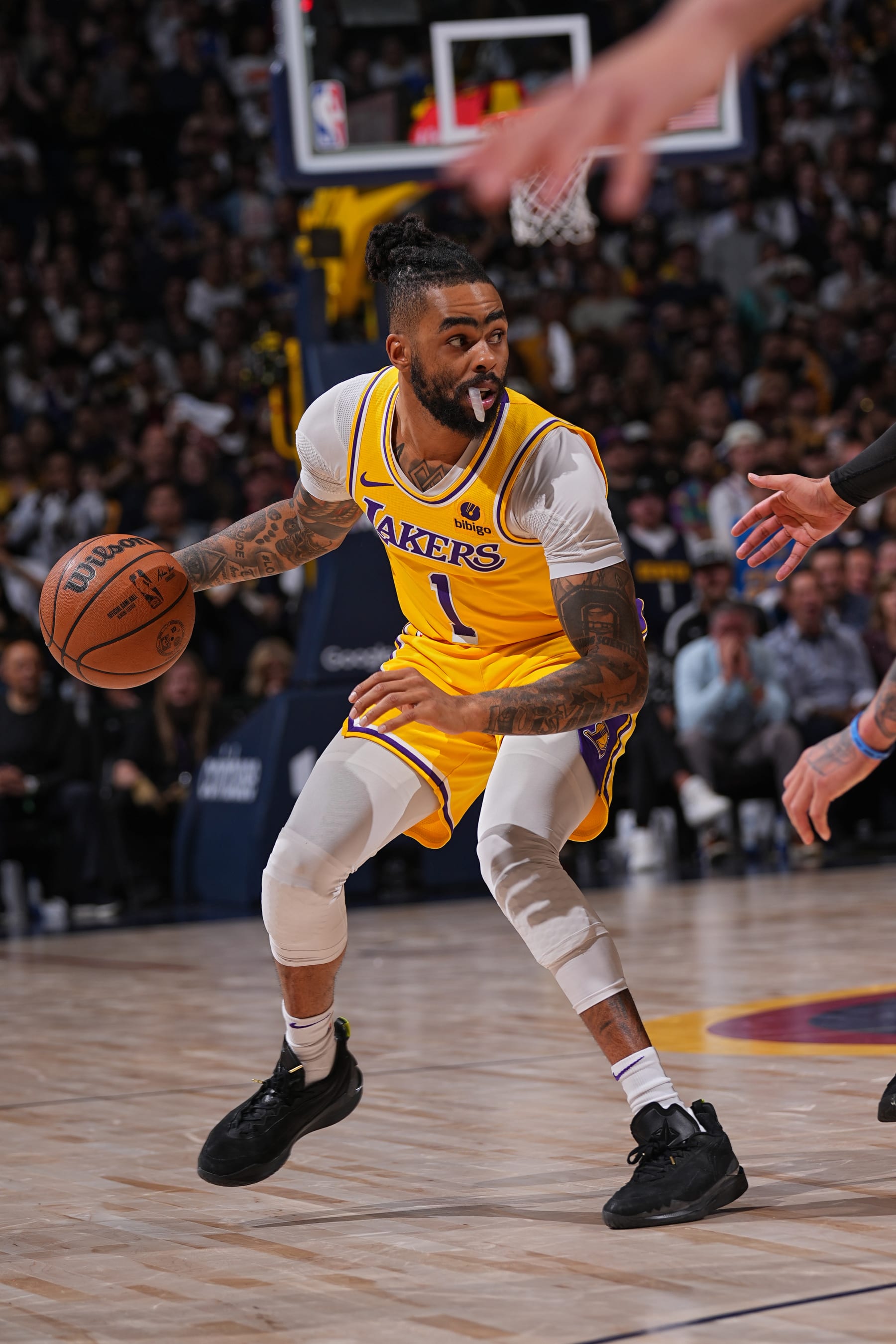 DENVER, CO - APRIL 22: D'Angelo Russell #1 of the Los Angeles Lakers handles the ball during the game against the Denver Nuggets on April 22, 2024 at the Ball Arena in Denver, Colorado. NOTE TO USER: User expressly acknowledges and agrees that, by downloading and/or using this Photograph, user is consenting to the terms and conditions of the Getty Images License Agreement. Mandatory Copyright Notice: Copyright 2024 NBAE (Photo by Bart Young/NBAE via Getty Images) DENVER, CO - APRIL 22: D'Angelo Russell #1 of the Los Angeles Lakers handles the ball during the game against the Denver Nuggets on April 22, 2024 at the Ball Arena in Denver, Colorado. NOTE TO USER: User expressly acknowledges and agrees that, by downloading and/or using this Photograph, user is consenting to the terms and conditions of the Getty Images License Agreement. Mandatory Copyright Notice: Copyright 2024 NBAE (Photo by Bart Young/NBAE via Getty Images)