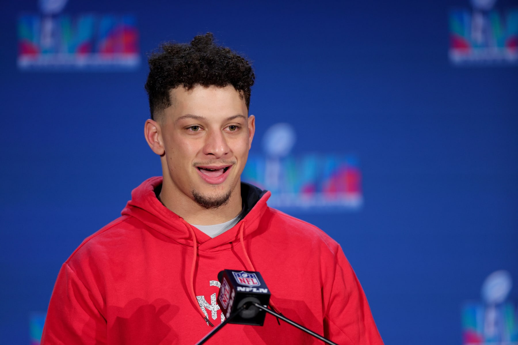 PHOENIX, ARIZONA - FEBRUARY 13: Kansas City Chiefs MVP Quarterback Patrick Mahomes speaks during a press conference at Phoenix Convention Center on February 13, 2023 in Phoenix, Arizona. (Photo by Carmen Mandato/Getty Images)