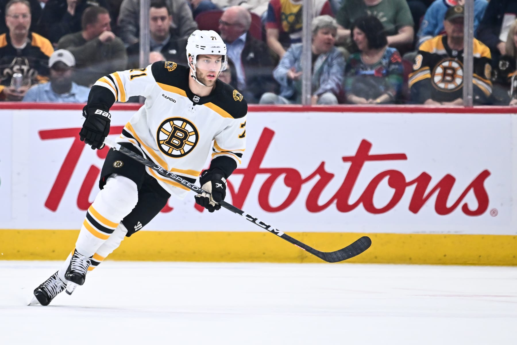 MONTREAL, CANADA - APRIL 13:  Taylor Hall #71 of the Boston Bruins skates during the first period against the Montreal Canadiens at Centre Bell on April 13, 2023 in Montreal, Quebec, Canada.  The Boston Bruins defeated the Montreal Canadiens 5-4.  (Photo by Minas Panagiotakis/Getty Images)