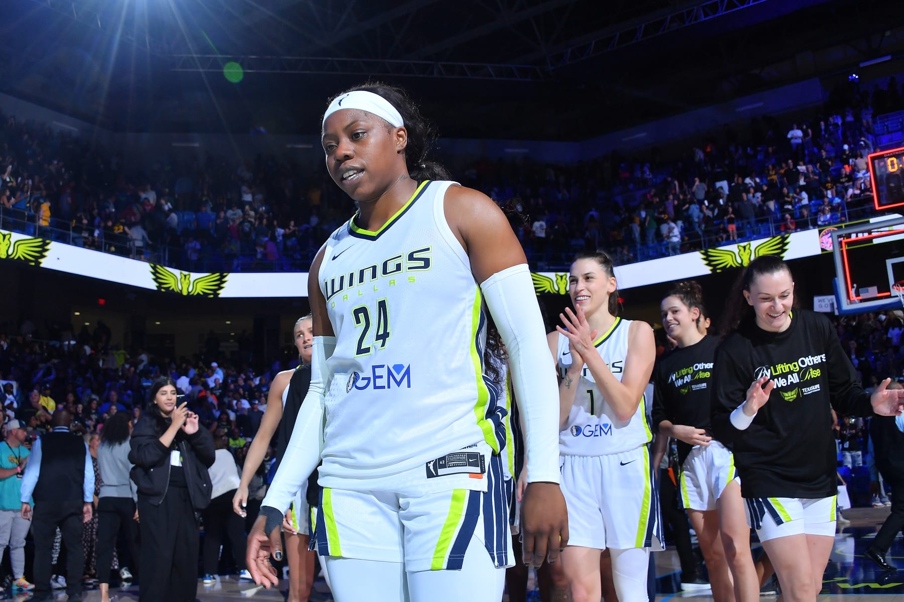 ARLINGTON, TX - MAY 3:  Arike Ogunbowale #24 of the Dallas Wings looks on after the game against the Indiana Fever during the WNBA Preseason Game on May 3, 2024 at the College Park Center in Arlington, Texas. NOTE TO USER: User expressly acknowledges and agrees that, by downloading and or using this photograph, user is consenting to the terms and conditions of the Getty Images License Agreement. Mandatory Copyright Notice: Copyright 2024 NBAE (Photos by Michael Gonzales/NBAE via Getty Images)