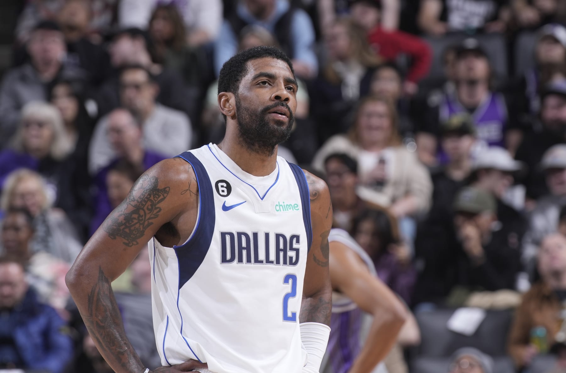 SACRAMENTO, CA - FEBRUARY 10: Kyrie Irving #2 of the Dallas Mavericks looks on during the game against the Sacramento Kings on February 10, 2023 at Golden 1 Center in Sacramento, California. NOTE TO USER: User expressly acknowledges and agrees that, by downloading and or using this photograph, User is consenting to the terms and conditions of the Getty Images Agreement. Mandatory Copyright Notice: Copyright 2023 NBAE (Photo by Rocky Widner/NBAE via Getty Images)