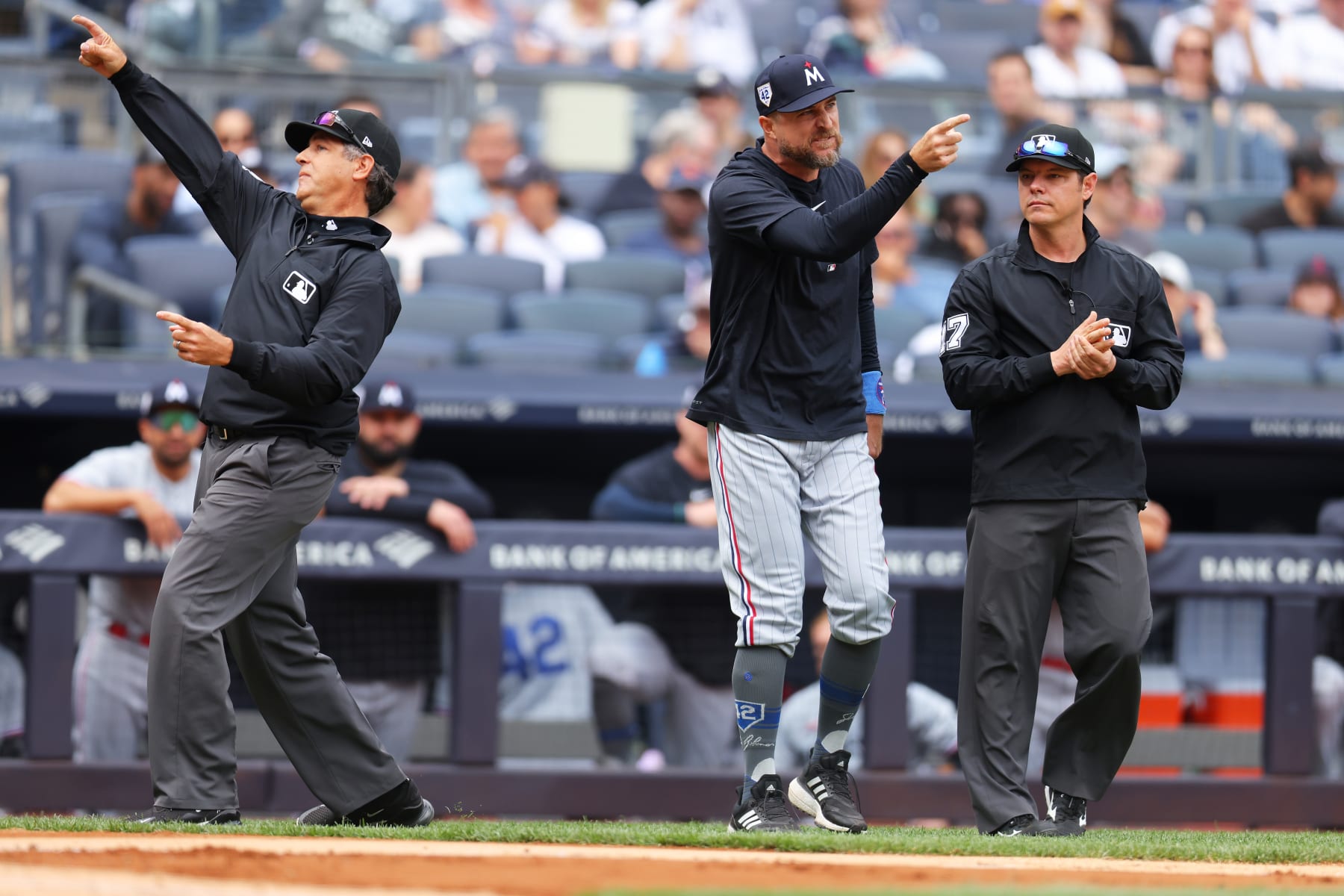 BRONX, NEW YORK - APRIL 15: umpire James Hoye #92 ejects Rocco Baldelli #5 of the Minnesota Twins in the fourth inning against the New York Yankees at Yankee Stadium on April 15, 2023 in Bronx, New York. All players are wearing the #42 in honor of Jackie Robinson Day. (Photo by Mike Stobe/Getty Images)