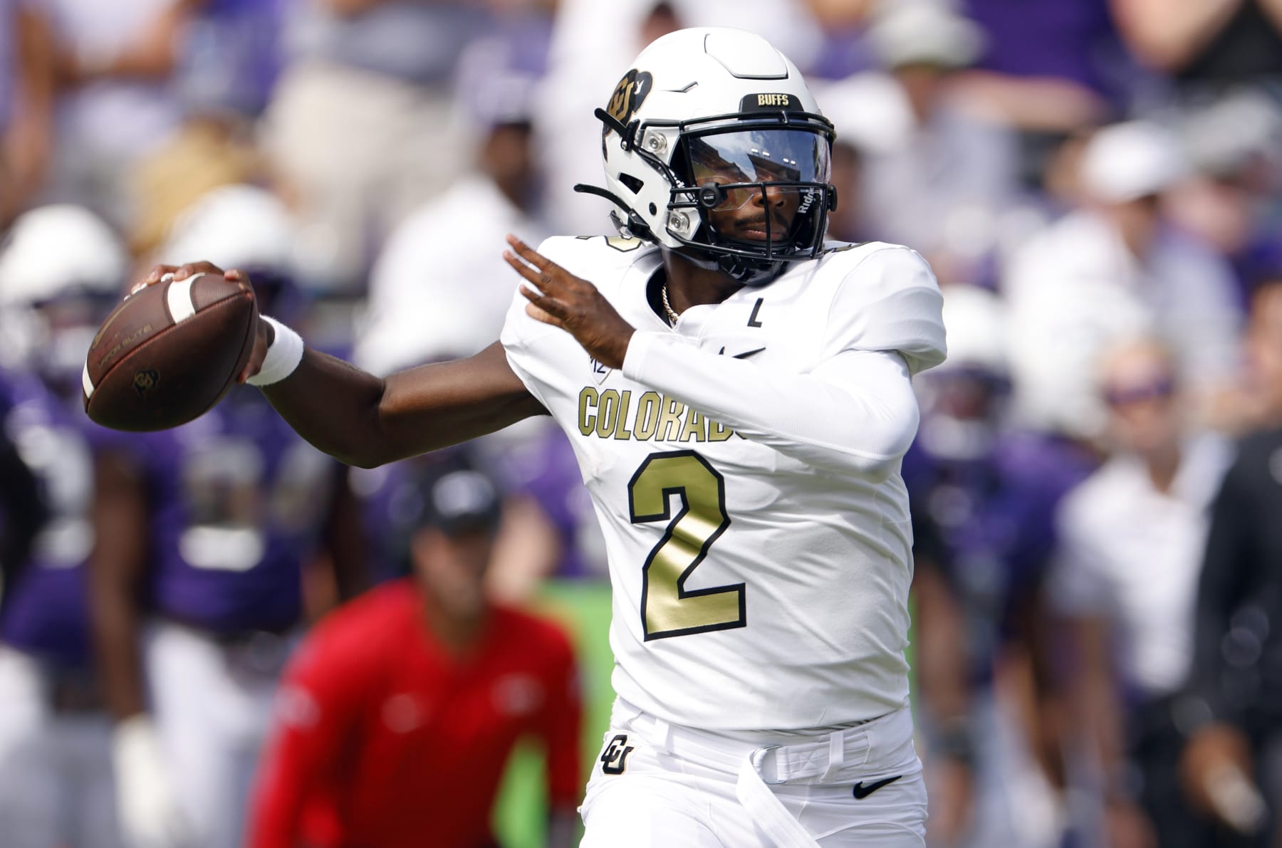 FORT WORTH, TX - SEPTEMBER 2: Shedeur Sanders #2 of the Colorado Buffaloes throws downfield against the TCU Horned Frogs during the first half at Amon G. Carter Stadium on September 2, 2023 in Fort Worth, Texas. (Photo by Ron Jenkins/Getty Images)