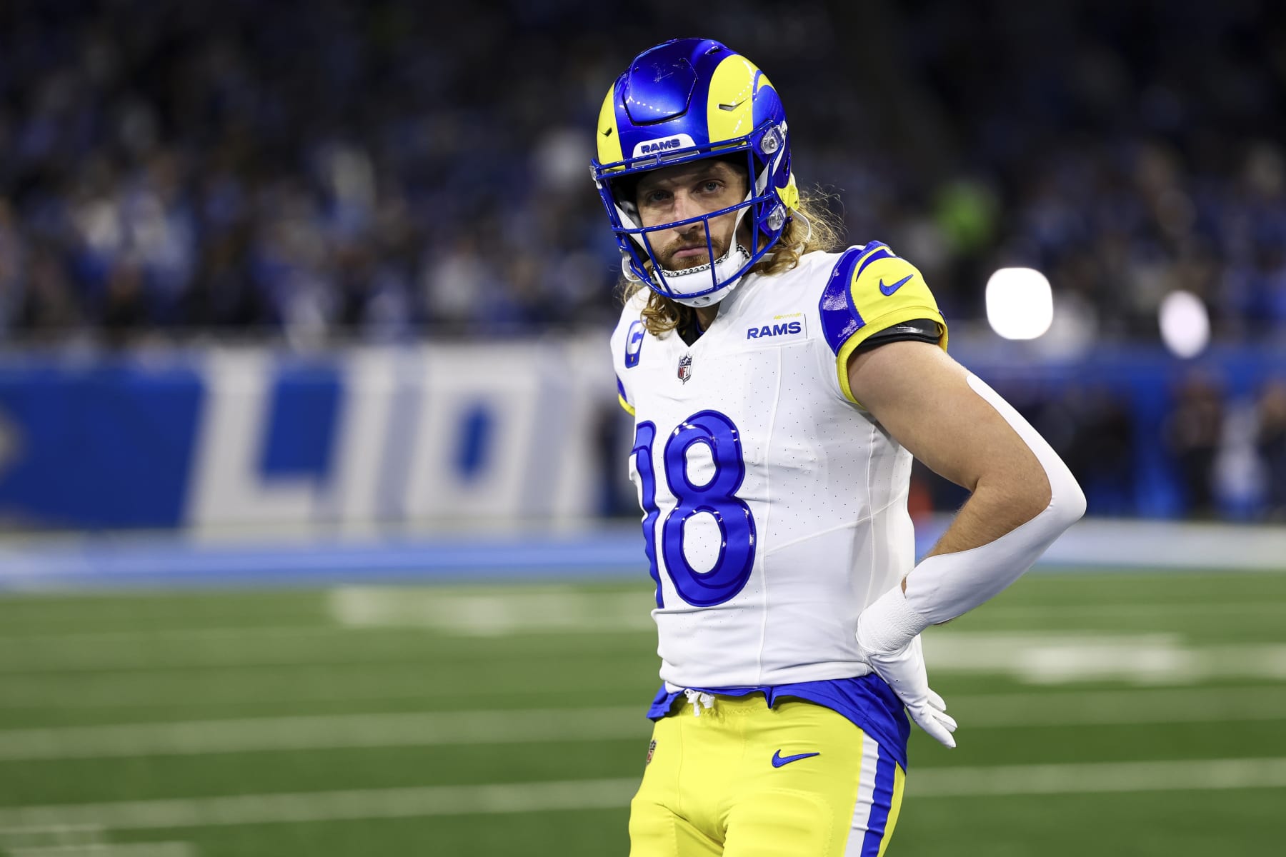 DETROIT, MI - JANUARY 14: Ben Skowronek #18 of the Los Angeles Rams looks on prior to an NFL wild-card playoff football game against the Detroit Lions at Ford Field on January 14, 2024 in Detroit, Michigan. (Photo by Kevin Sabitus/Getty Images)