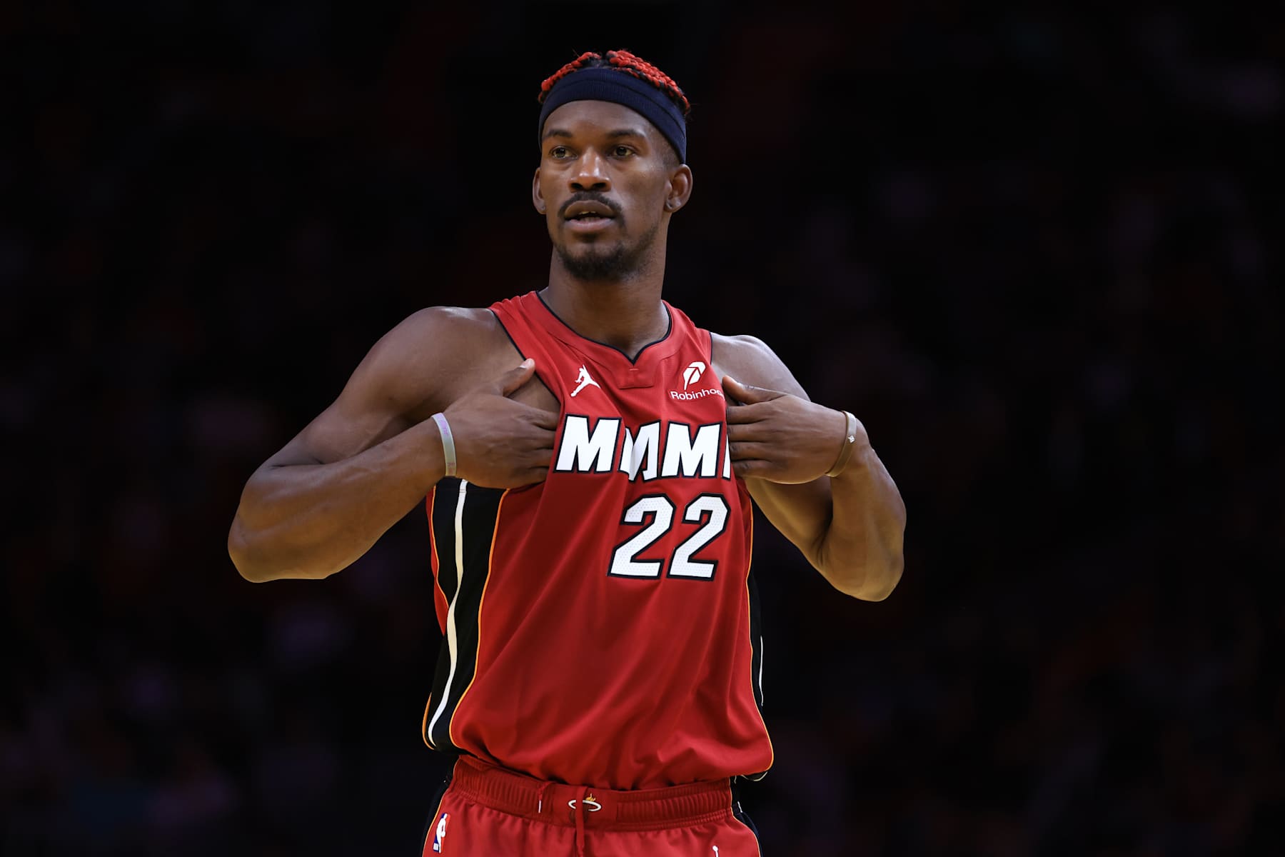 MIAMI, FLORIDA - NOVEMBER 29: Jimmy Butler #22 of the Miami Heat reacts against the Toronto Raptors during the second quarter of the Emirates NBA Cup at Kaseya Center on November 29, 2024 in Miami, Florida. NOTE TO USER: User expressly acknowledges and agrees that, by downloading and or using this photograph, User is consenting to the terms and conditions of the Getty Images License Agreement. (Photo by Megan Briggs/Getty Images)