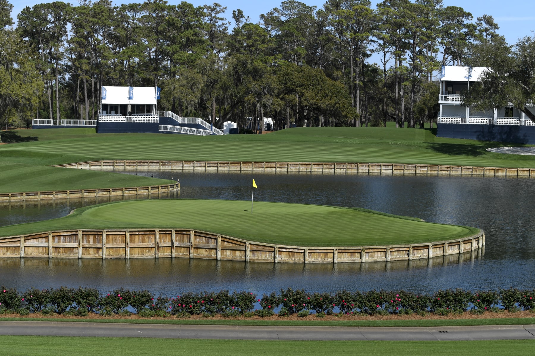 PONTE VEDRA BEACH, FLORIDA - FEBRUARY 24: General view of the 17th green and hospitality prior to THE PLAYERS Championship at Stadium Course at TPC Sawgrass on February 24, 2023 in Ponte Vedra Beach, Florida. (Photo by Tracy Wilcox/PGA TOUR via Getty Images)