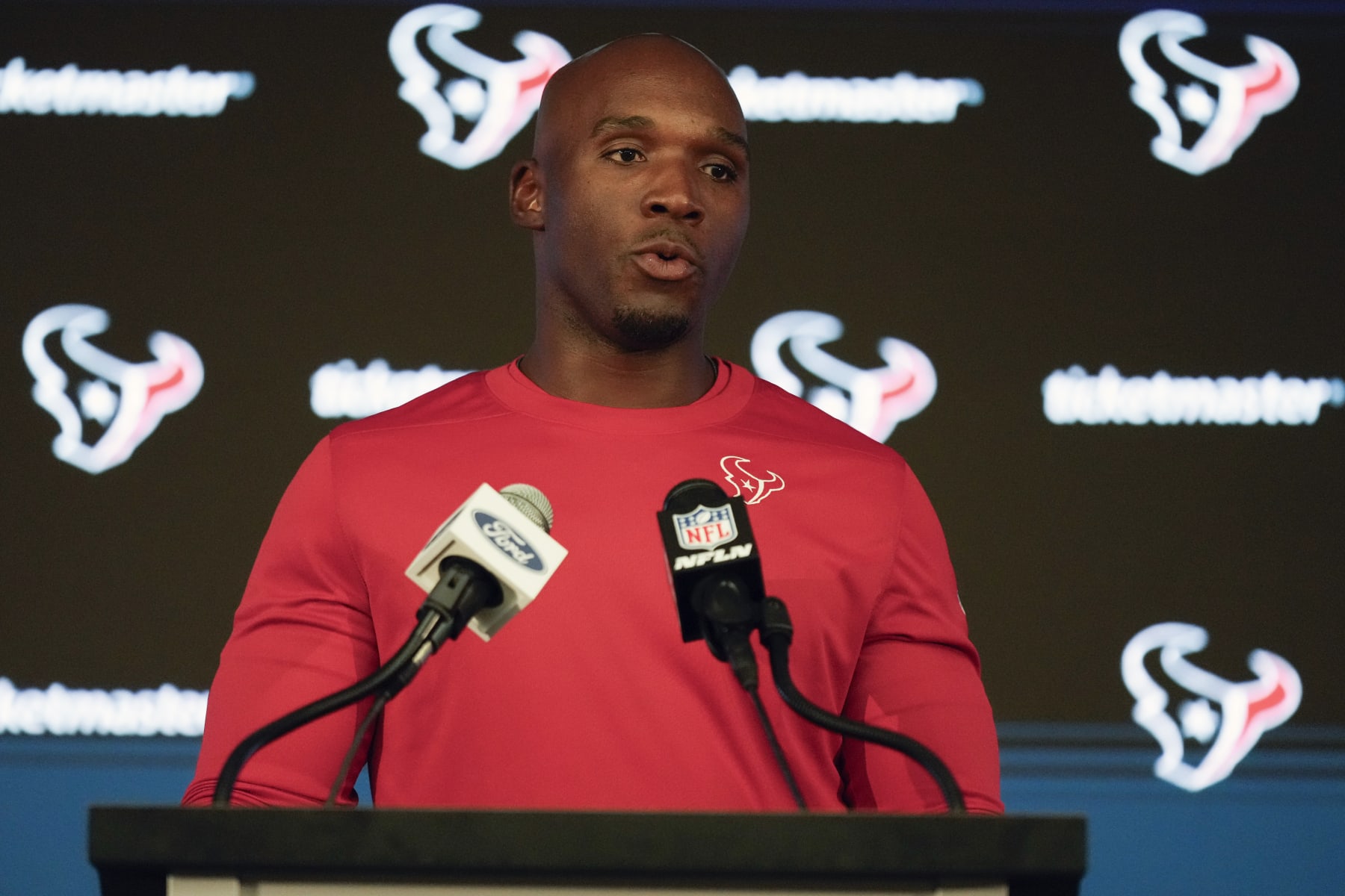 Houston Texans head coach DeMeco Ryans speaks to the media following the team's loss to the Miami Dolphins in an NFL preseason football game, Saturday, Aug. 19, 2022, in Houston. (AP Photo/Eric Christian Smith)