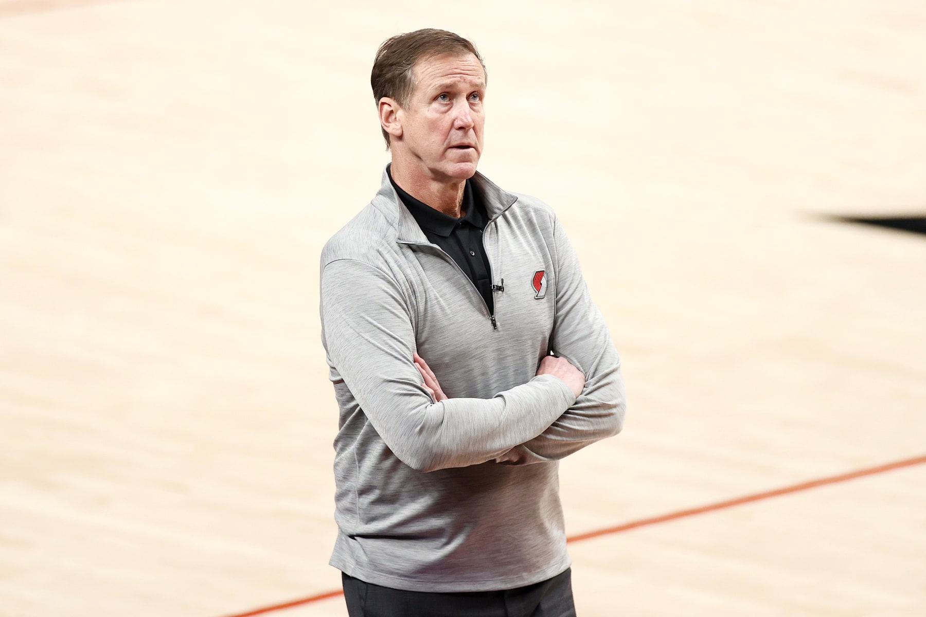 PORTLAND, OREGON - MAY 29: Head coach Terry Stotts of the Portland Trail Blazers looks on in the third quarter against the Denver Nuggets during Round 1, Game 4 of the 2021 NBA Playoffs at Moda Center on May 29, 2021 in Portland, Oregon. NOTE TO USER: User expressly acknowledges and agrees that, by downloading and or using this photograph, User is consenting to the terms and conditions of the Getty Images License Agreement. (Photo by Steph Chambers/Getty Images)