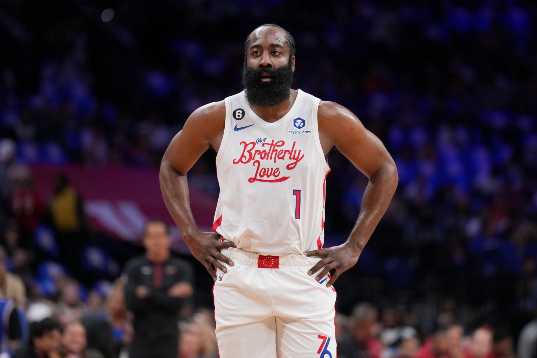 PHILADELPHIA, PA - APRIL 6: James Harden #1 of the Philadelphia 76ers looks on during the game against the Miami Heat on April 6, 2023 at the Wells Fargo Center in Philadelphia, Pennsylvania NOTE TO USER: User expressly acknowledges and agrees that, by downloading and/or using this Photograph, user is consenting to the terms and conditions of the Getty Images License Agreement. Mandatory Copyright Notice: Copyright 2023 NBAE (Photo by Jesse D. Garrabrant/NBAE via Getty Images)