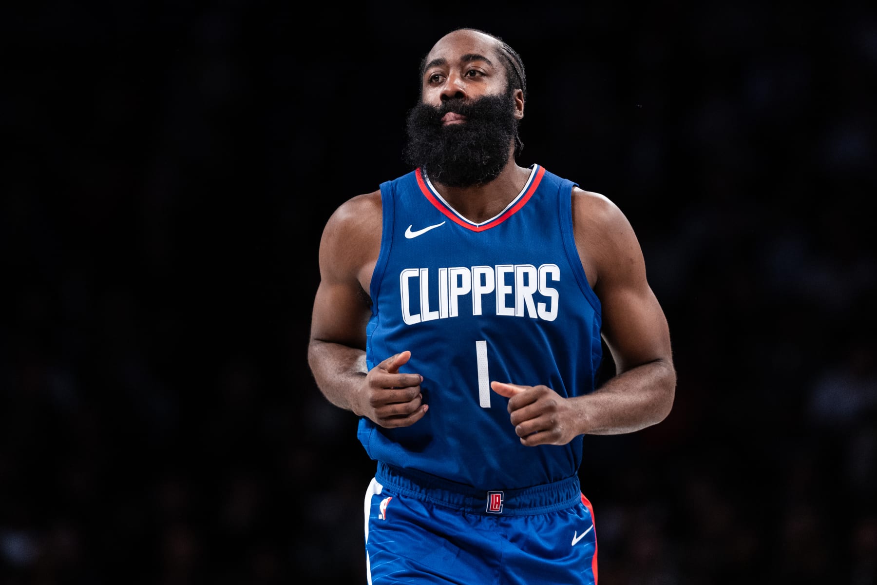NEW YORK, NEW YORK - NOVEMBER 08: James Harden #1 of the Los Angeles Clippers looks on during the first quarter of the game against the Brooklyn Nets at Barclays Center on November 08, 2023 in the Brooklyn borough of New York City. NOTE TO USER: User expressly acknowledges and agrees that, by downloading and or using this photograph, User is consenting to the terms and conditions of the Getty Images License Agreement. (Photo by Dustin Satloff/Getty Images)