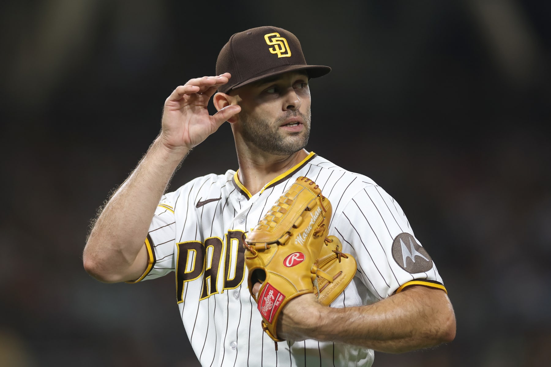 SAN DIEGO, CALIFORNIA - AUGUST 22: Nick Martinez #21 of the San Diego Padres looks on during a game against the Miami Marlinsat PETCO Park on August 22, 2023 in San Diego, California. (Photo by Sean M. Haffey/Getty Images)