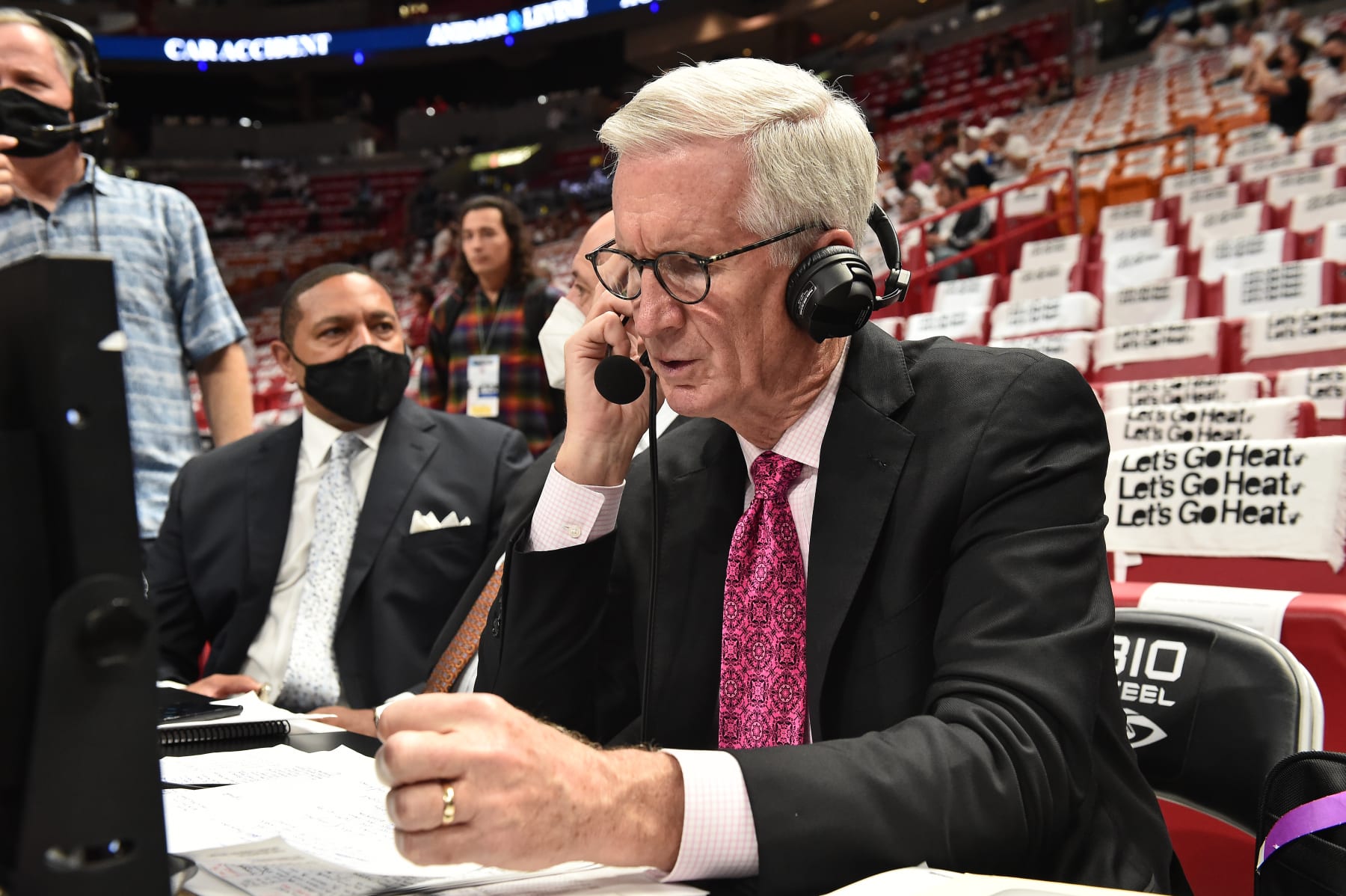 MIAMI, FL - MAY 17: ESPN Analyst Mike Breen, speaks over his headset before the game between the Boston Celtics and the Miami Heat during Game 1 of the 2022 NBA Playoffs Eastern Conference Finals on May 17, 2022 at FTX Arena in Miami, Florida. NOTE TO USER: User expressly acknowledges and agrees that, by downloading and or using this Photograph, user is consenting to the terms and conditions of the Getty Images License Agreement. Mandatory Copyright Notice: Copyright 2022 NBAE (Photo by David Dow/NBAE via Getty Images)