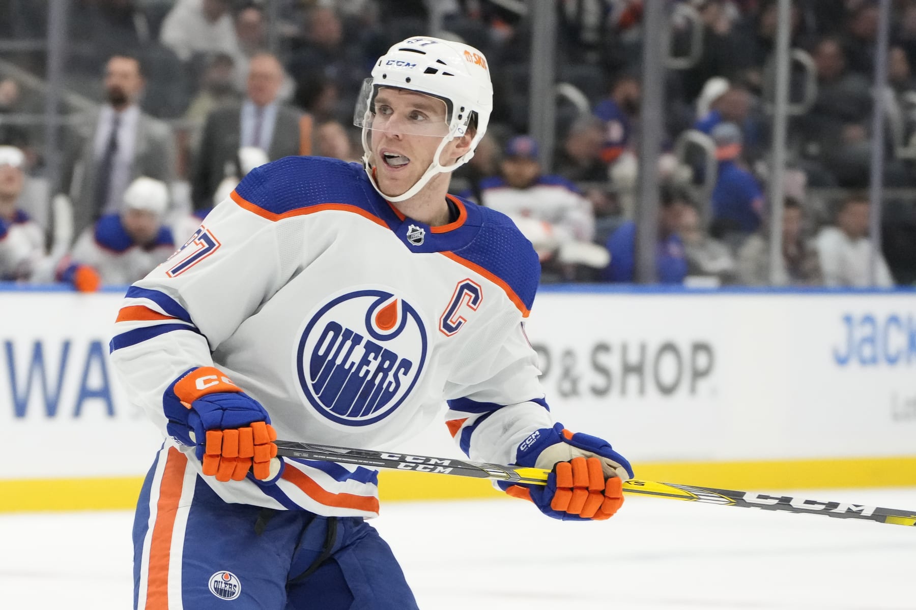 Edmonton Oilers center Connor McDavid (97) skates the ice in the third period of an NHL hockey game against the New York Islanders, Wednesday, Nov. 23, 2022, in Elmont, N.Y. (AP Photo/John Minchillo)