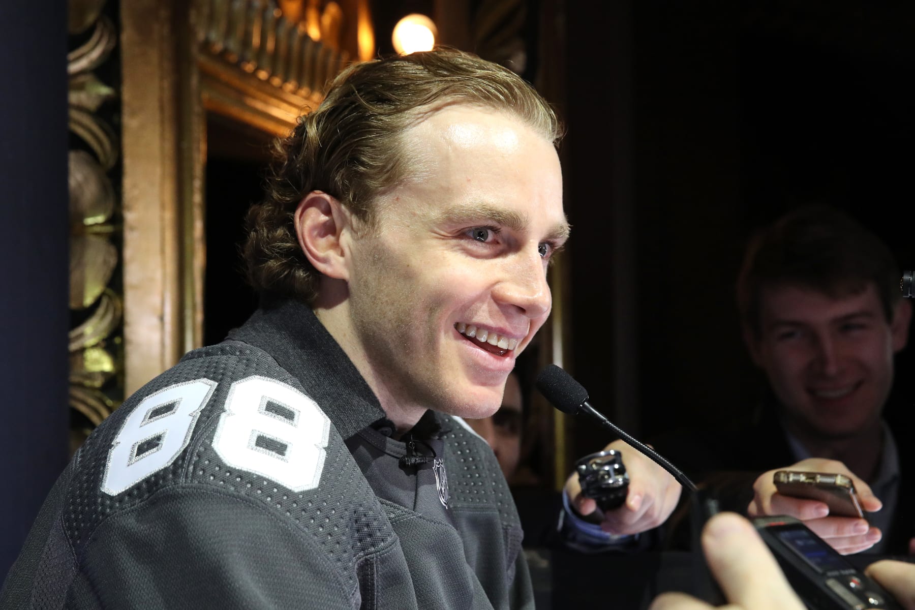 ST LOUIS, MISSOURI - JANUARY 23: Patrick Kane #88 of the Chicago Blackhawks speaks to the press during Media Day for the 2020 NHL All-Star at Stifel Theatre on January 23, 2020 in St Louis, Missouri. (Photo by Bruce Bennett/Getty Images)