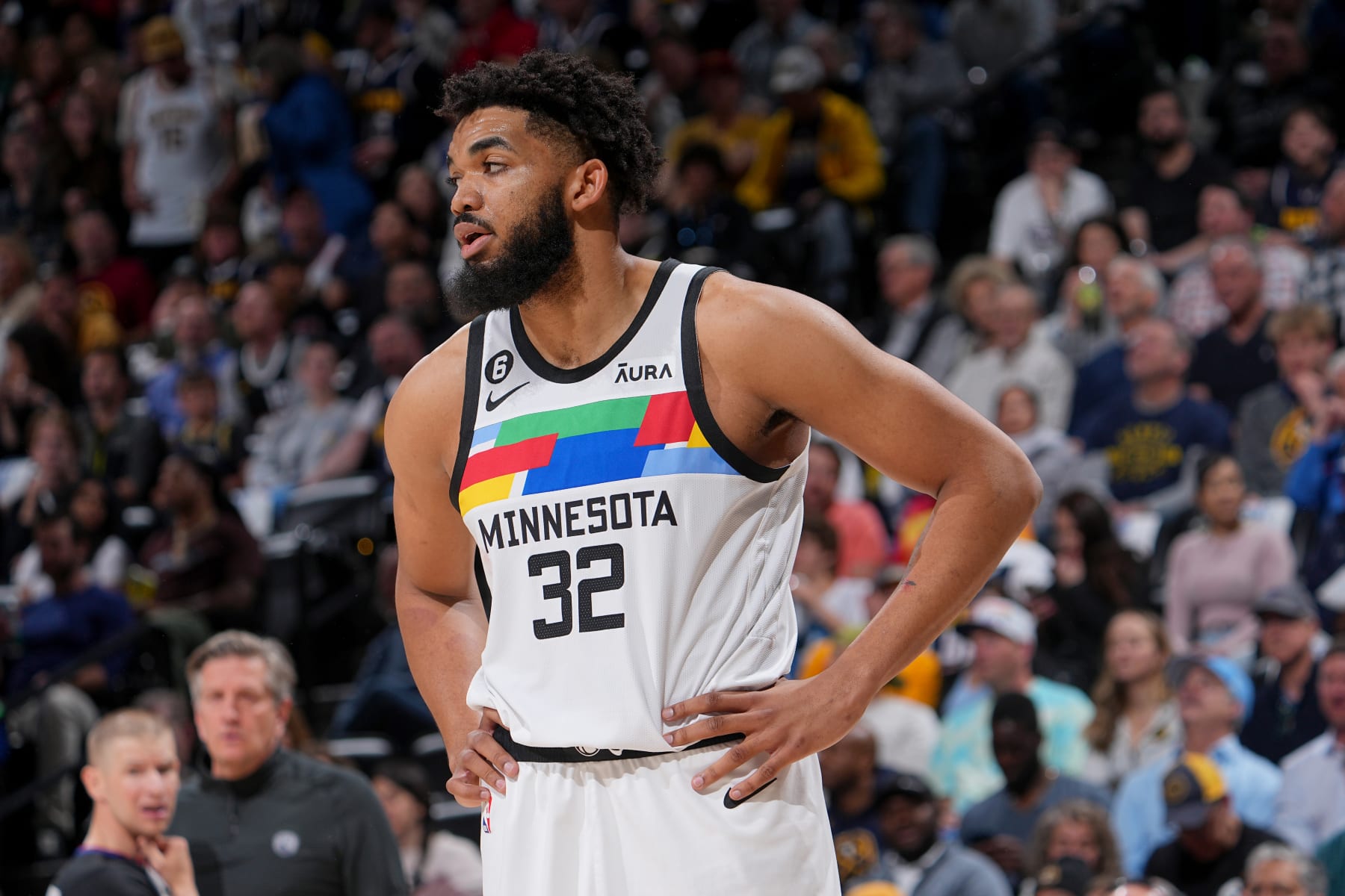 DENVER, CO - APRIL 19:  Karl-Anthony Towns #32 of the Minnesota Timberwolves looks on during the game against the Denver Nuggets during Round One Game Two of the 2023 NBA Playoffs on April 19, 2023 at the Ball Arena in Denver, Colorado. NOTE TO USER: User expressly acknowledges and agrees that, by downloading and/or using this Photograph, user is consenting to the terms and conditions of the Getty Images License Agreement. Mandatory Copyright Notice: Copyright 2023 NBAE (Photo by Bart Young/NBAE via Getty Images)