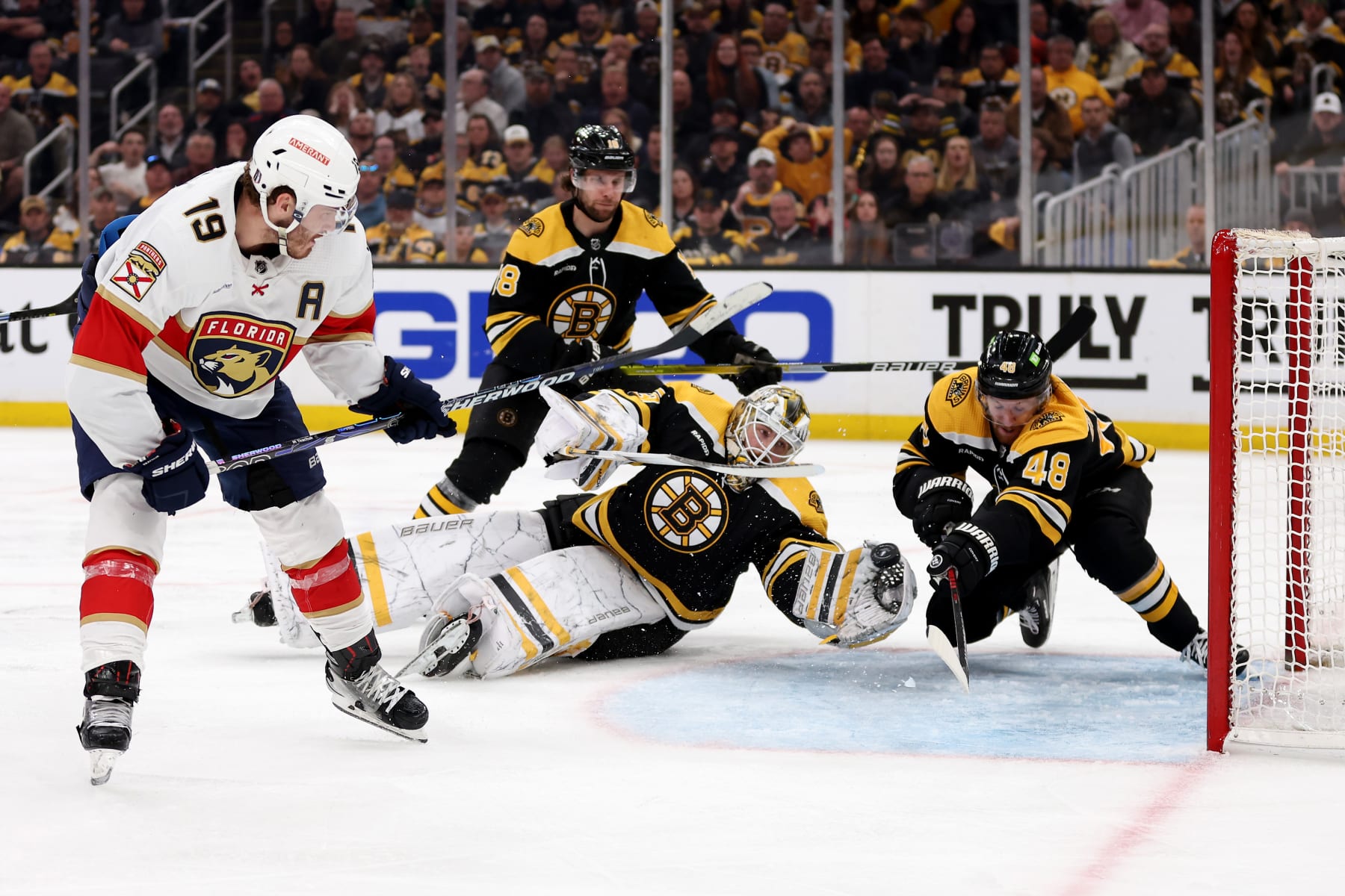 BOSTON, MASSACHUSETTS - APRIL 26: Matthew Tkachuk #19 of the Florida Panthers scores the game winning goal on Linus Ullmark #35 of the Boston Bruins during overtime in Game Five of the First Round of the 2023 Stanley Cup Playoffs at TD Garden on April 26, 2023 in Boston, Massachusetts. (Photo by Maddie Meyer/Getty Images)