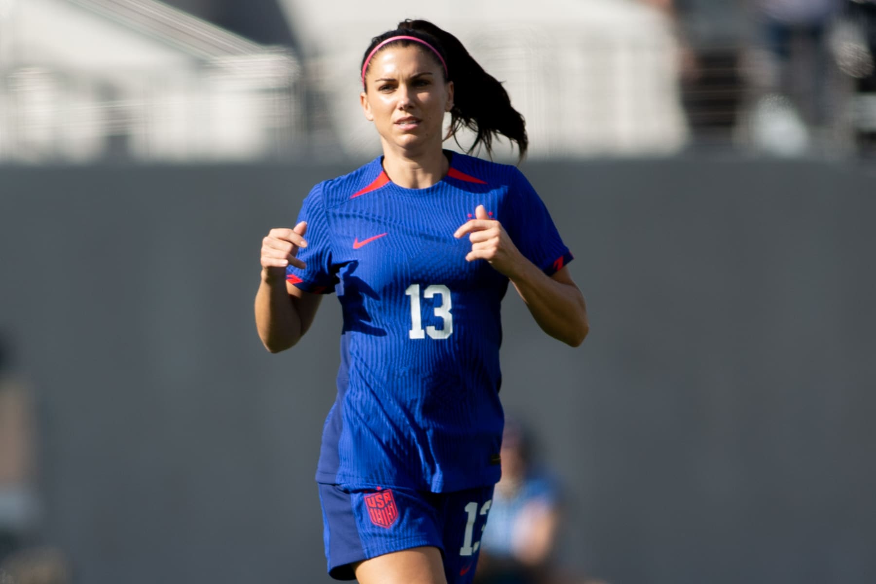 SAN DIEGO, CA - OCTOBER 29: SAN DIEGO, CA - OCTOBER 29: Alex Morgan #13 of the United States looking for the ball during an international friendly game between Colombia and USWNT at Snapdragon Stadium on October 29, 2023 in San Diego, California. (Photo by Michael Janosz/ISI Photos/Getty Images)