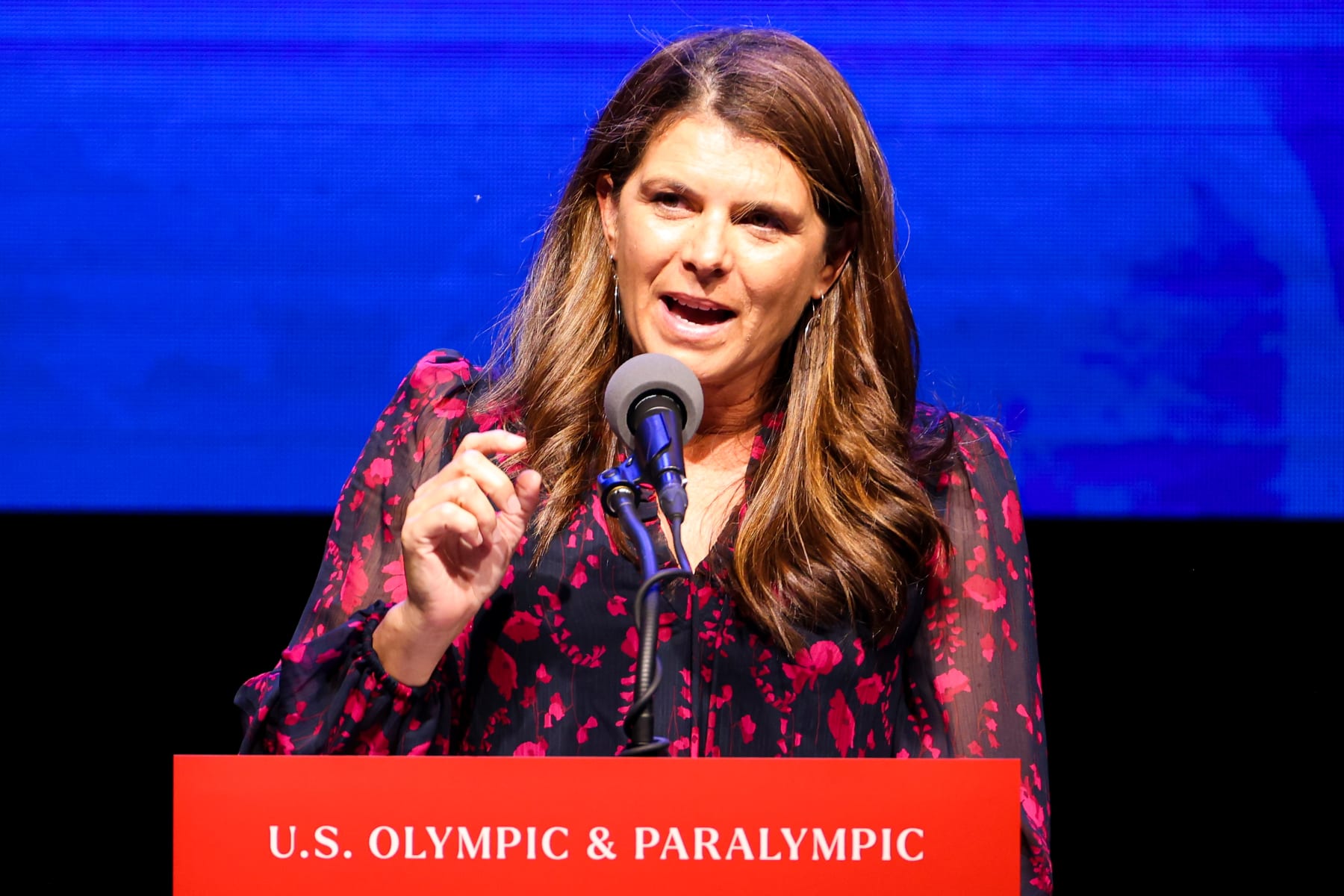 COLORADO SPRINGS, CO - JUNE 24: Mia Hamm speaks during the 2022 U.S. Olympic & Paralympic Committee Hall Of Fame Ceremony on June 24, 2022 in Colorado Springs, Colorado. (Photo by Ethan Mito/Getty Images for USOPC)