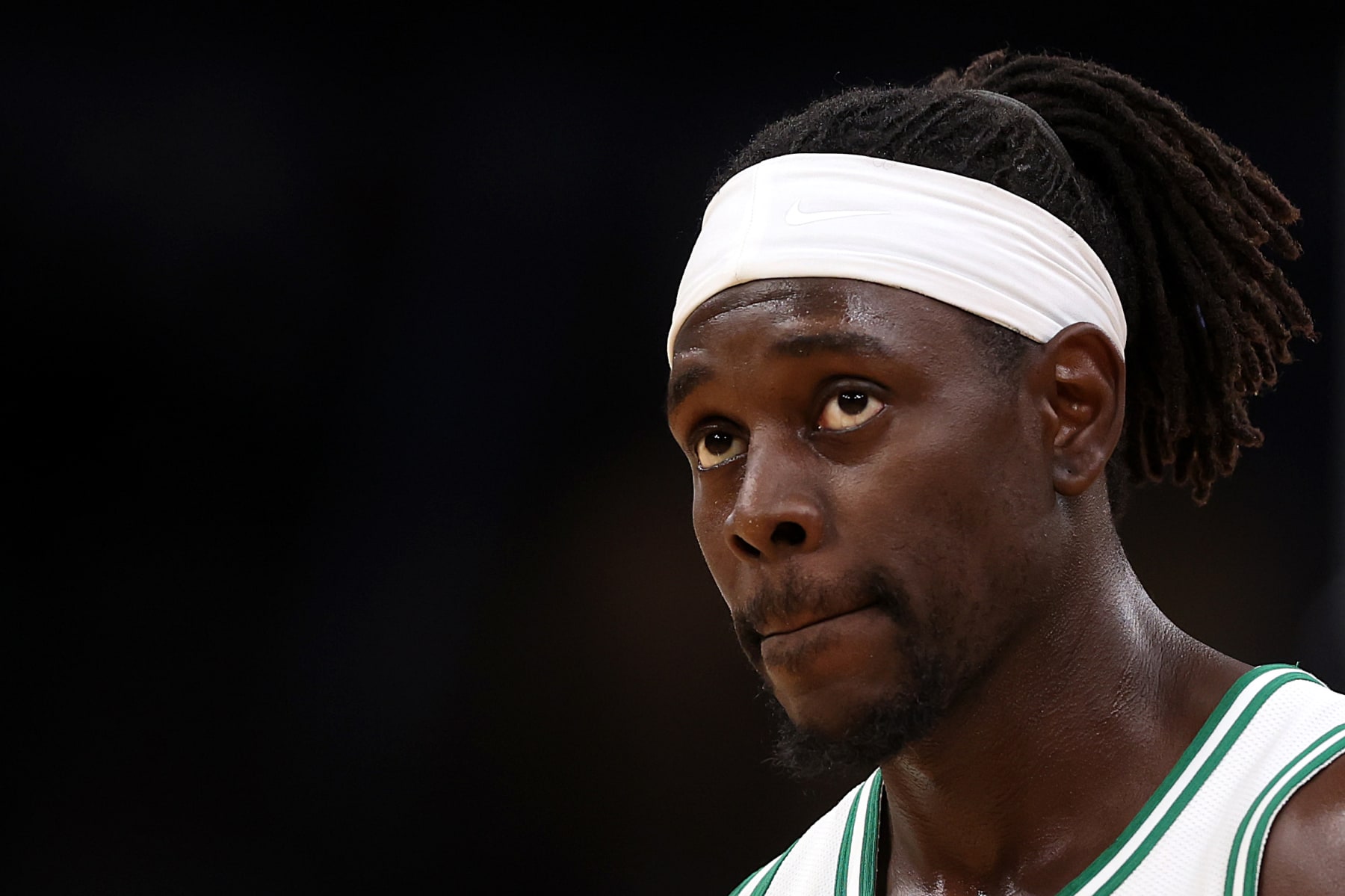 BOSTON, MASSACHUSETTS - OCTOBER 17: Jrue Holiday #4 of the Boston Celtics looks on during the second quarter of the Celtic's preseason game against the New York Knicks at TD Garden on October 17, 2023 in Boston, Massachusetts. NOTE TO USER: User expressly acknowledges and agrees that, by downloading and or using this photograph, User is consenting to the terms and conditions of the Getty Images License Agreement. (Photo by Maddie Meyer/Getty Images)