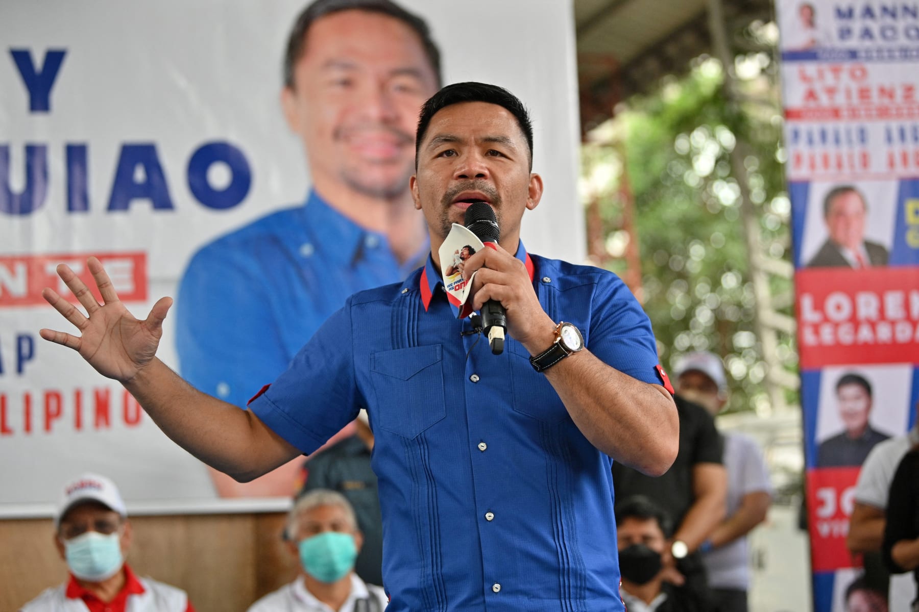 Manny Pacquiao, Philippine boxing legend and presidential candidate, speaks during a campaign stop ahead of the May 9 presidential election, in suburban Manila on February 16, 2022. (Photo by Ted ALJIBE / AFP) (Photo by TED ALJIBE/AFP via Getty Images)