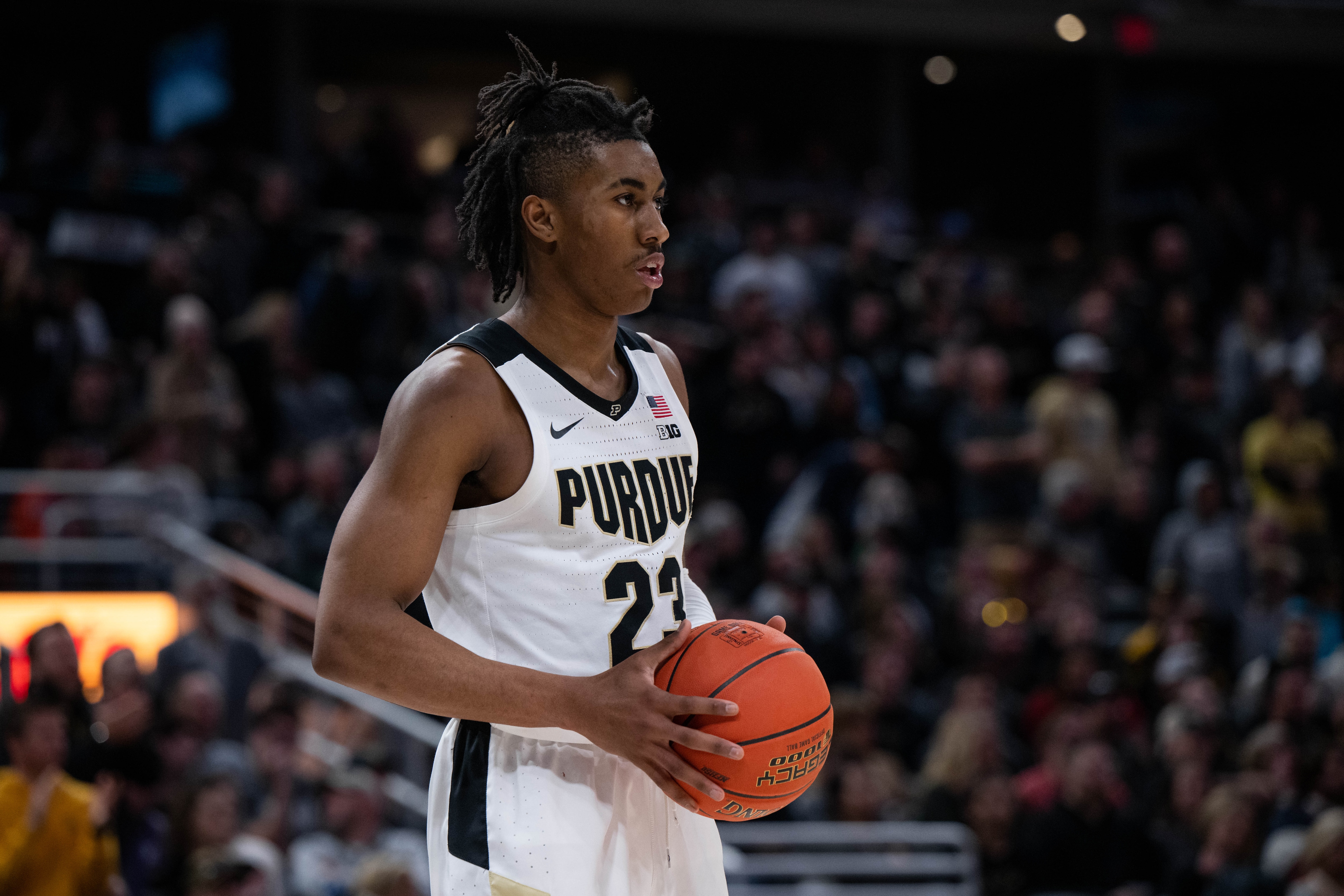 INDIANAPOLIS, IN - MARCH 13: Purdue Boilermakers guard Jaden Ivey (23) looks to the sidelines during the mens Big Ten tournament college basketball game between the Iowa Hawkeyes and Purdue Boilermakers on March 13, 2022, at Gainbridge Fieldhouse in Indianapolis, IN. (Photo by Zach Bolinger/Icon Sportswire via Getty Images)