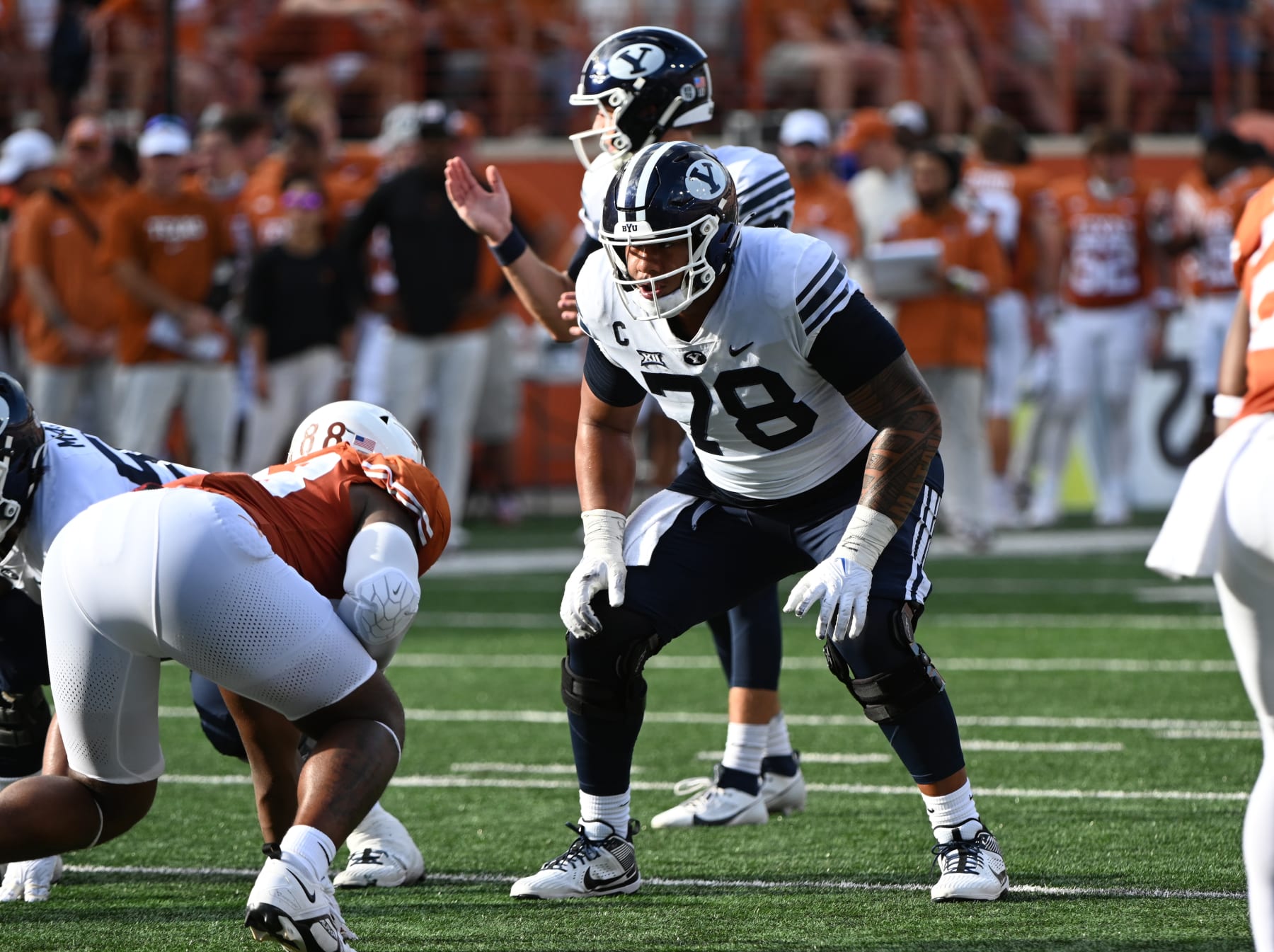 AUSTIN, TX - OCTOBER 28: Brigham Young Cougars lineman Kingsley Suamataia (78) gets ready for a play during college football game between the Brigham Young Cougars and the Texas Longhorns on October 28, 2023, at Darrell K Royal-Texas Memorial Stadium in Austin, TX. (Photo by John Rivera/Icon Sportswire via Getty Images)
