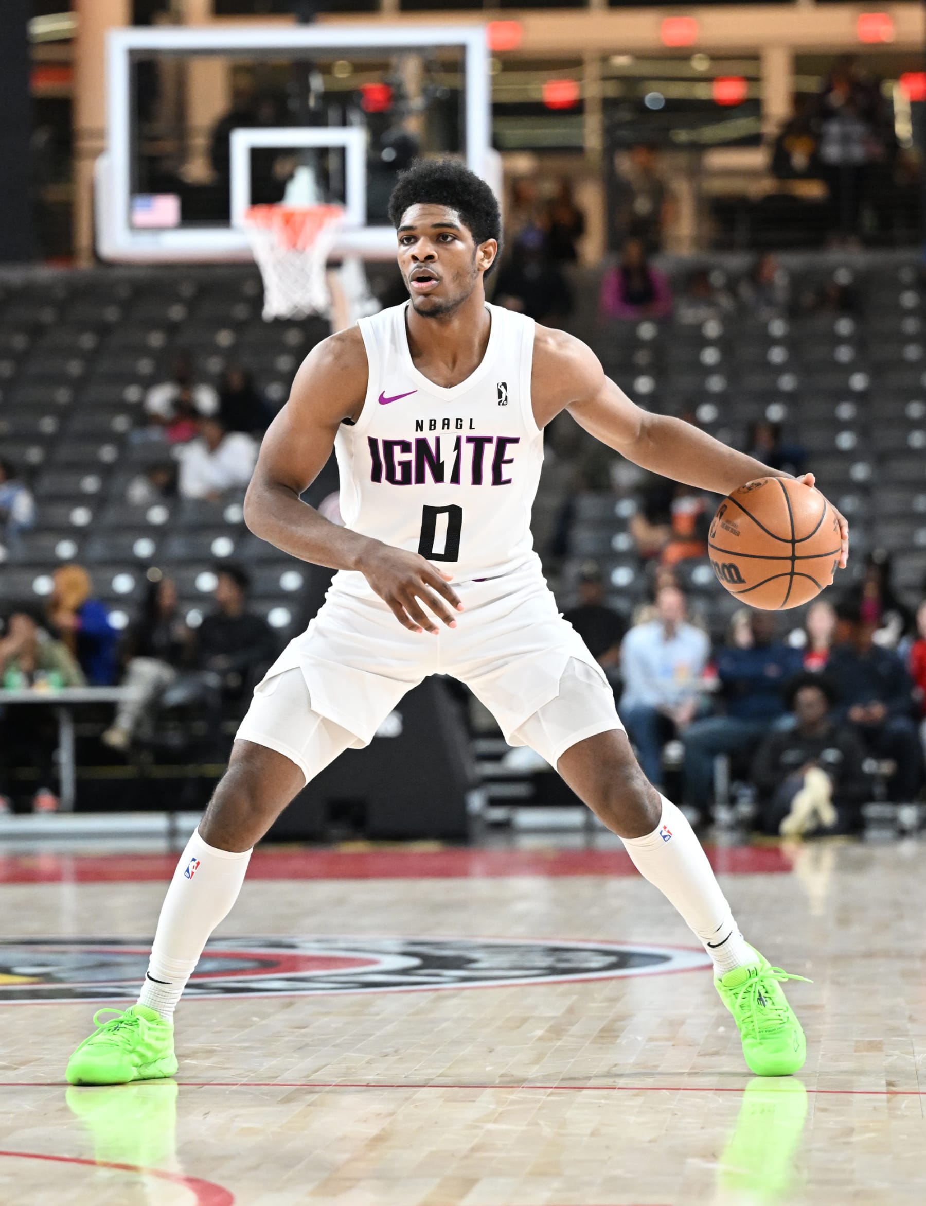 COLLEGE PARK, GA - MARCH 8th: Scoot Henderson #0 of the G-League Ignite handles the ball against the College Park Skyhawks on March 8th, 2023 at Gateway Center Arena in College Park, Georgia. NOTE TO USER: User expressly acknowledges and agrees that, by downloading and or using this photograph, user is consenting to the terms and conditions of Getty Images License Agreement. Mandatory Copyright Notice: Copyright 2023 NBAE (Photo by Adam Hagy/NBAE via Getty Images)