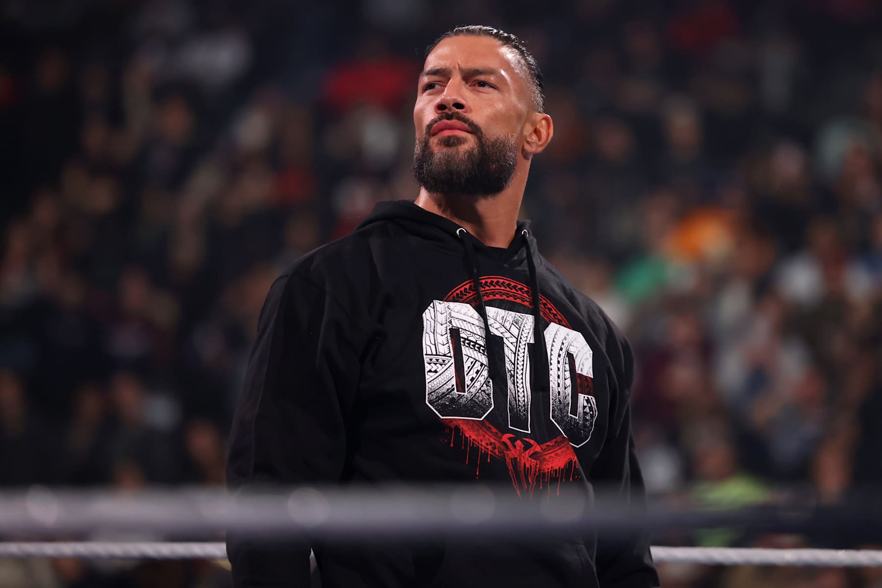 NEW YORK, NEW YORK - NOVEMBER 1: Roman Reigns looks on from the ring during WWE SmackDown at Barclays Center on November 1, 2024 in New York City.  (Photo by WWE/Getty Images)