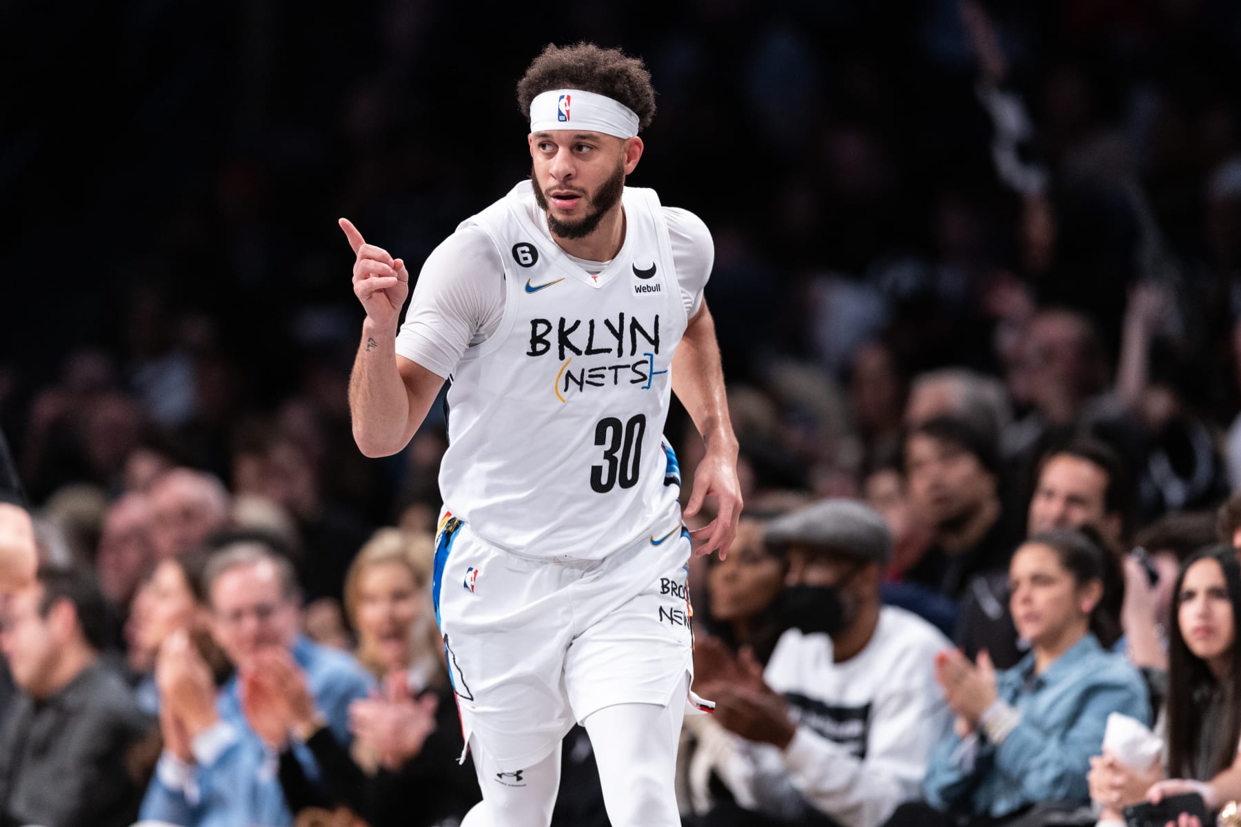 NEW YORK, NEW YORK - JANUARY 28: Seth Curry #30 of the Brooklyn Nets reacts after making a three pointer during the fourth quarter of the game against the New York Knicks at Barclays Center on January 28, 2023 in New York City. NOTE TO USER: User expressly acknowledges and agrees that, by downloading and or using this photograph, User is consenting to the terms and conditions of the Getty Images License Agreement. (Photo by Dustin Satloff/Getty Images)