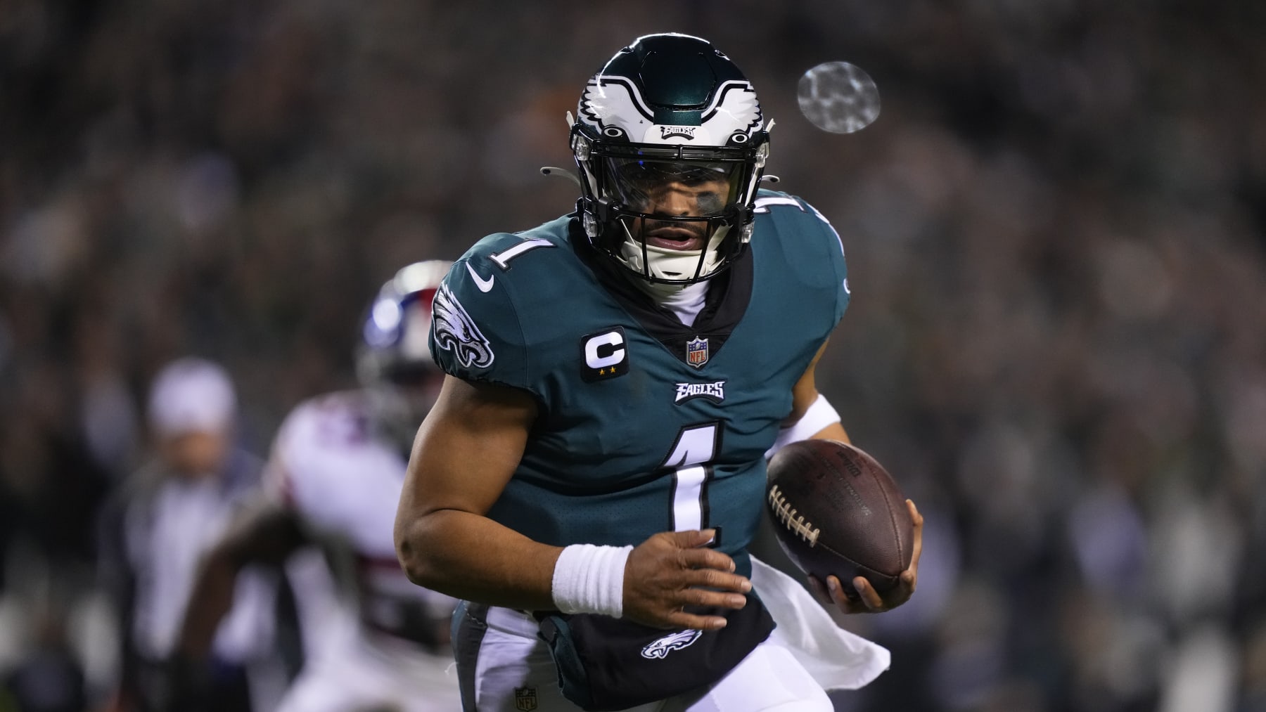 Philadelphia Eagles quarterback Jalen Hurts in action before an NFL divisional round playoff football game, Saturday, Jan. 21, 2023, in Philadelphia. (AP Photo/Matt Rourke)