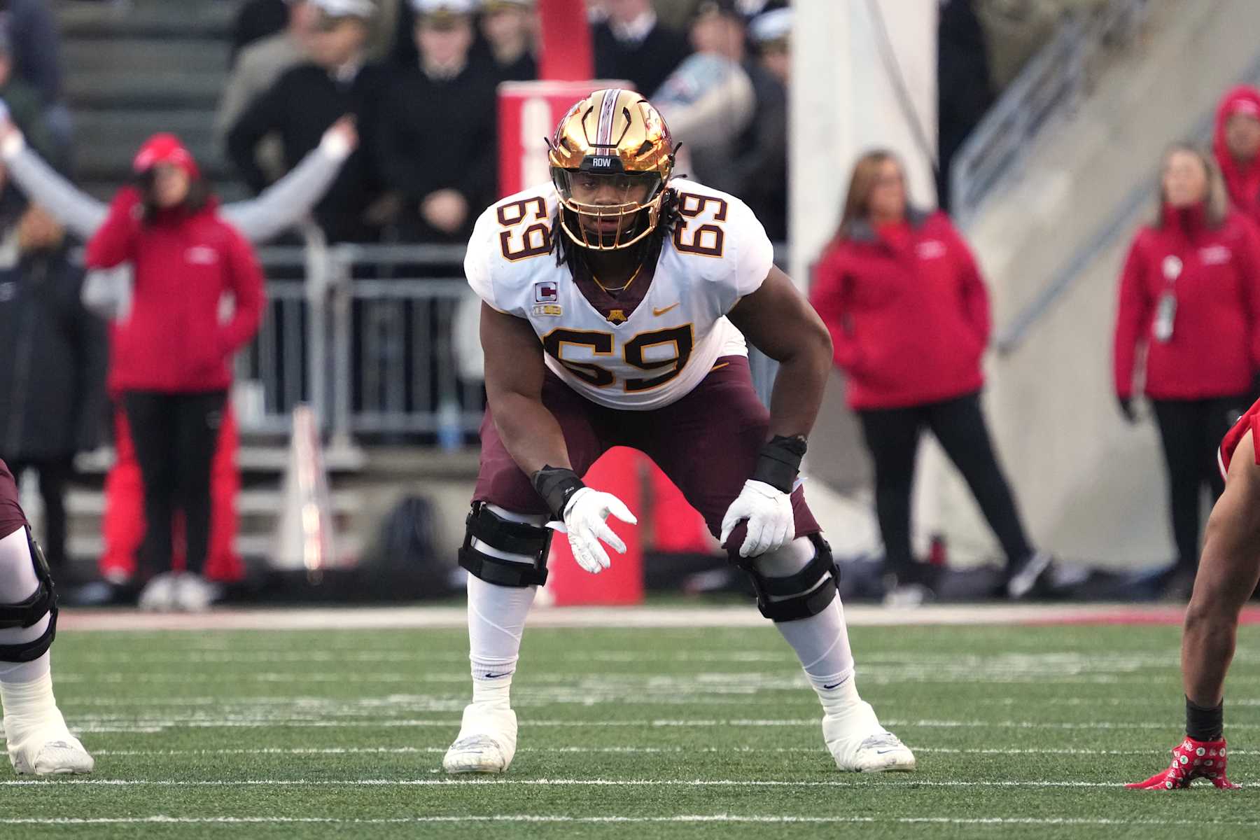COLUMBUS, OHIO - NOVEMBER 18: offensive lineman Aireontae Ersery #69 of the Minnesota Golden Gophers lines up along the line scrimmage during the game against the Ohio State Buckeyes at Ohio Stadium on November 18, 2023 in Columbus, Ohio. (Photo by Jason Mowry/Getty Images)