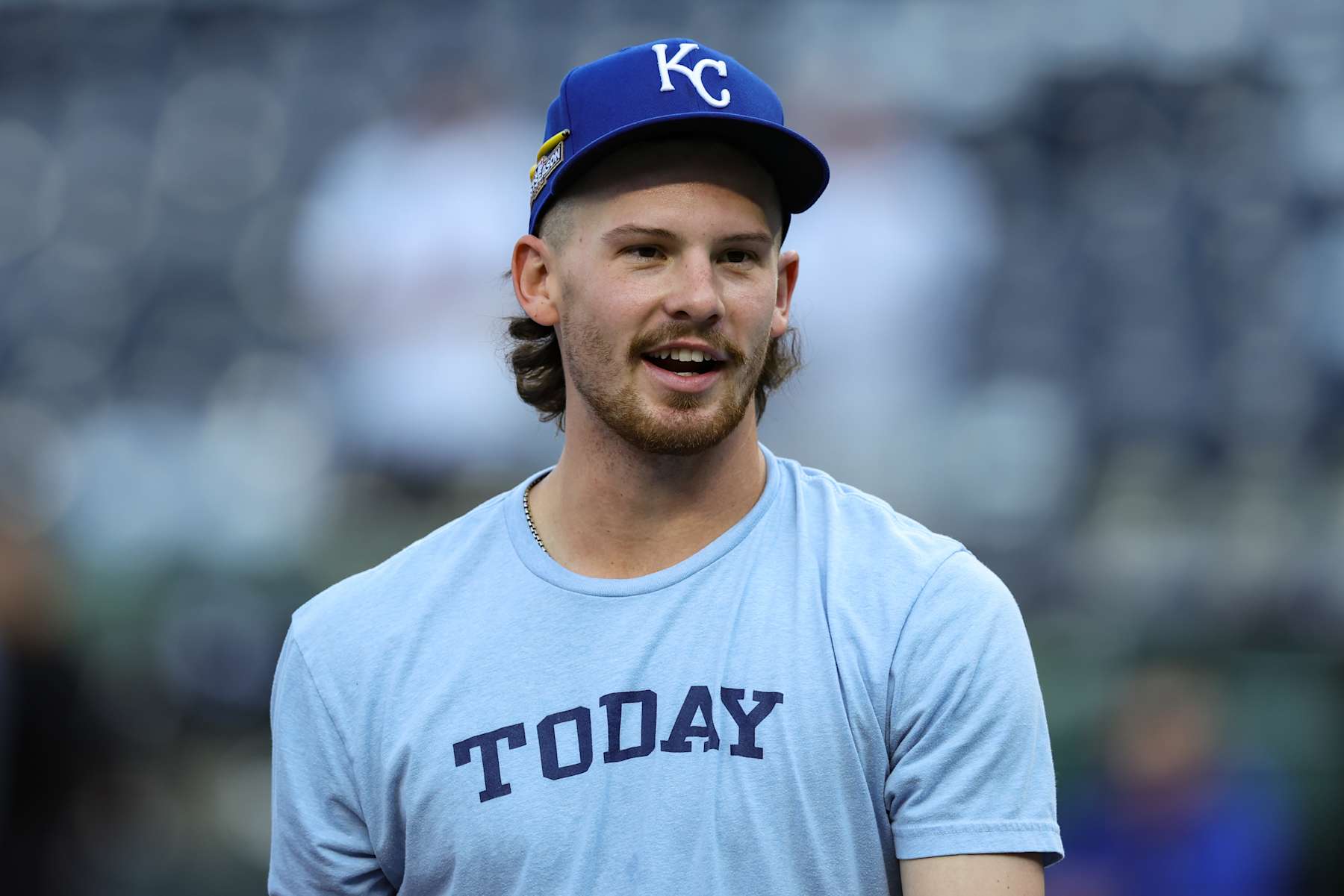KANSAS CITY, MO - OCTOBER 10: Kansas City Royals shortstop Bobby Witt Jr. (7) before game 4 of the ALDS between the New York Yankees and Kansas City Royals on October 10, 2024 at Kauffman Stadium in Kansas City, MO. (Photo by Scott Winters/Icon Sportswire via Getty Images)