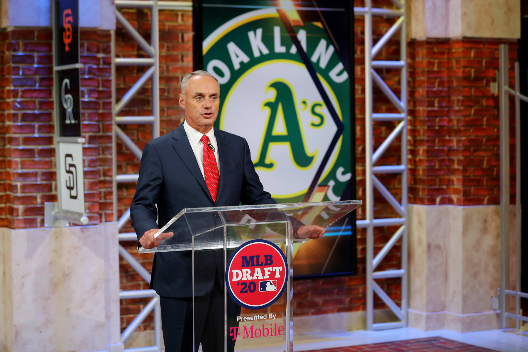 SECAUCUS, NJ - JUNE 10:  Major League Baseball Commissioner Robert D. Manfred Jr. announces the 26th pick of the 2020 MLB Draft is Tyler Soderstrom by the Oakland Athletics during the 2020 Major League Baseball Draft at MLB Network on Wednesday, June 10, 2020 in Secaucus, New Jersey. (Photo by Alex Trautwig/MLB Photos via Getty Images)