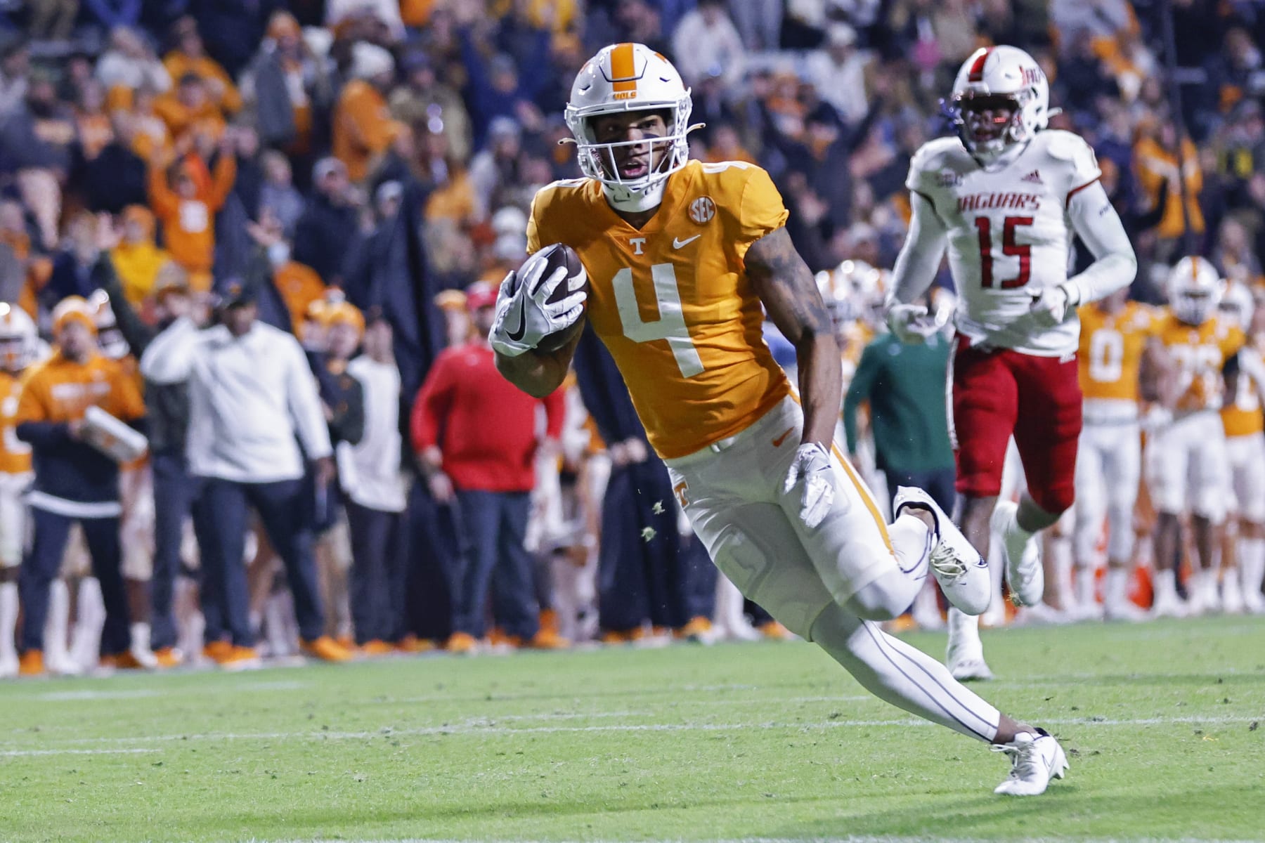 Tennessee wide receiver Cedric Tillman (4) runs for a touchdown during the first half of an NCAA college football game against South Alabama Saturday, Nov. 20, 2021, in Knoxville, Tenn. (AP Photo/Wade Payne)