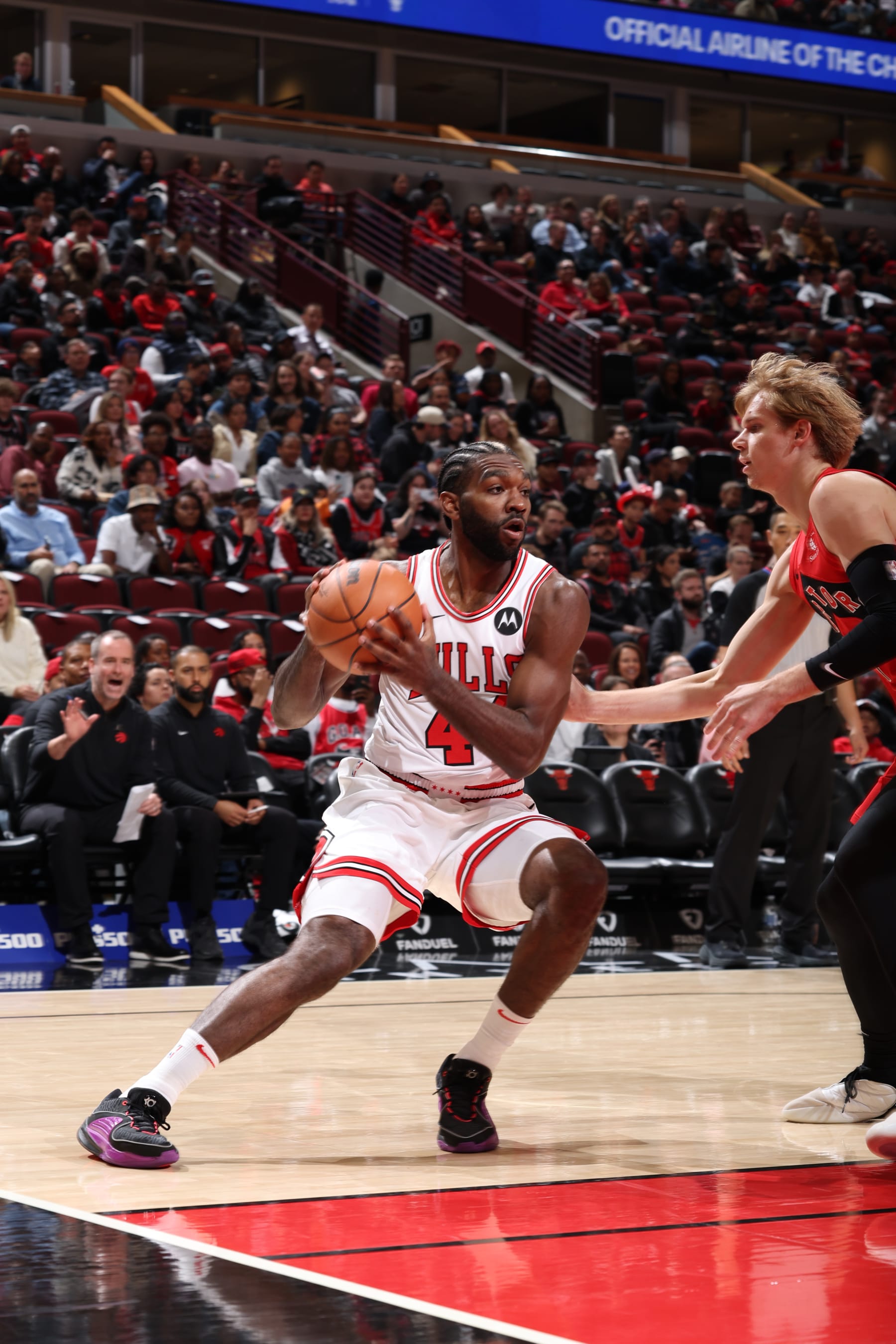 CHICAGO, IL - OCTOBER 17: Patrick Williams #44 of the Chicago Bulls drives to the basket during the game against the Toronto Raptors on October 17, 2023 at United Center in Chicago, Illinois. NOTE TO USER: User expressly acknowledges and agrees that, by downloading and or using this photograph, User is consenting to the terms and conditions of the Getty Images License Agreement. Mandatory Copyright Notice: Copyright 2023 NBAE (Photo by Jeff Haynes/NBAE via Getty Images)